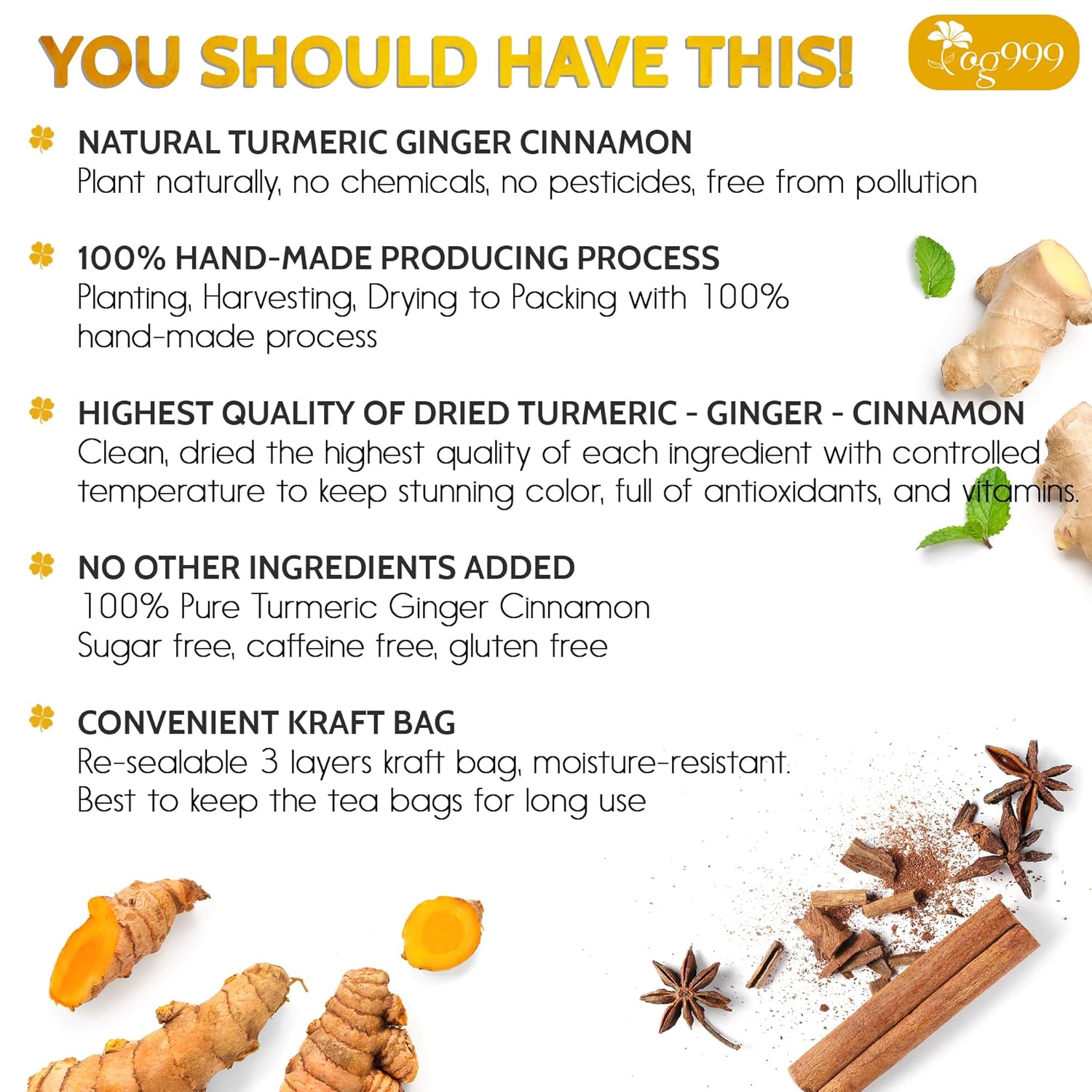 Alternative view of 120 Bags Premium Turmeric Ginger Cinnamon Tea, Improve Digestion, Support Brain, Weight, Skin and Sleep, Eco-Conscious Tea Bags and Premium Natural Ingredients. Turmeric Ginger Herbal Tea. No Sugar, No Caffeine, No Gluten, Vegan.