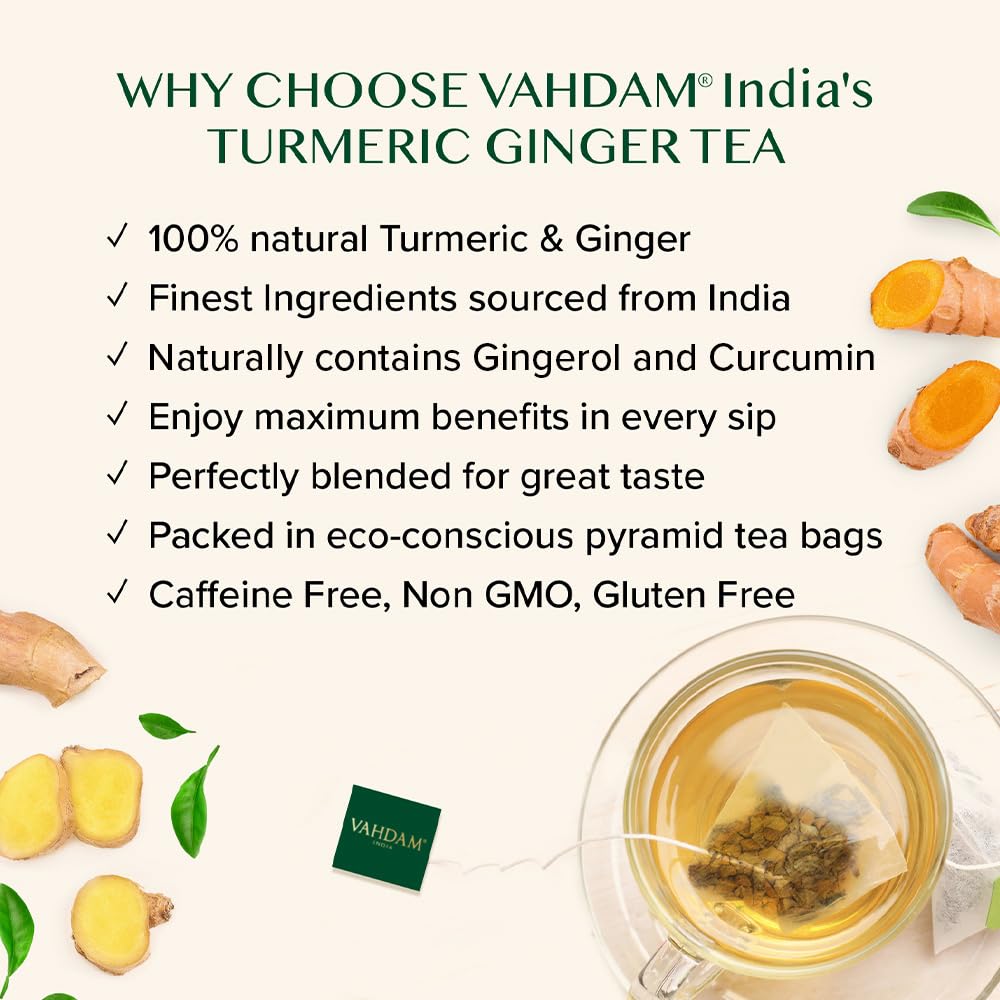 VAHDAM Organic Turmeric Ginger Herbal Tea Bags (100 Pyramid Tea Bags) Caffeine Free, Non GMO | 100% Pure Herbal Blend - Savory & Spicy, Plant-Based Teabags | Resealable Ziplock Pouch