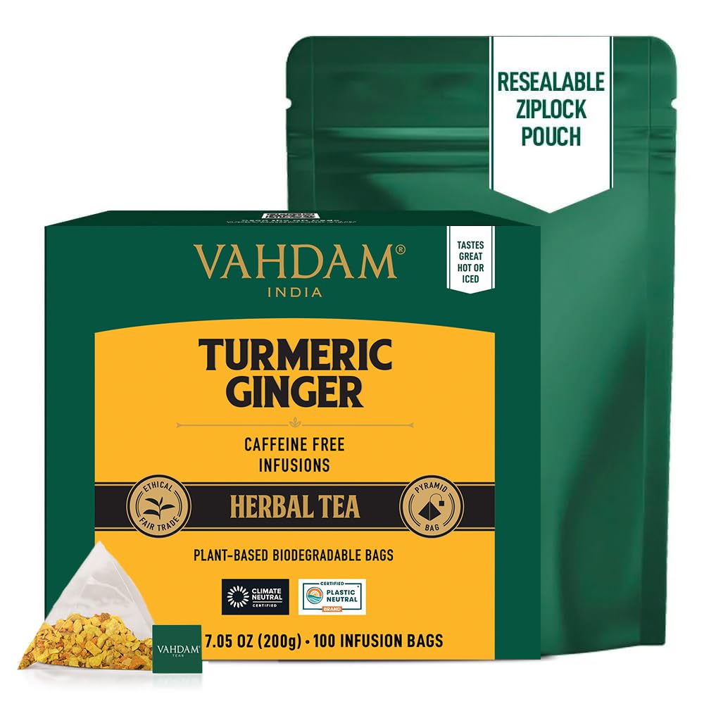 Alternative view of VAHDAM Organic Turmeric Ginger Herbal Tea Bags (100 Pyramid Tea Bags) Caffeine Free, Non GMO | 100% Pure Herbal Blend - Savory & Spicy, Plant-Based Teabags | Resealable Ziplock Pouch