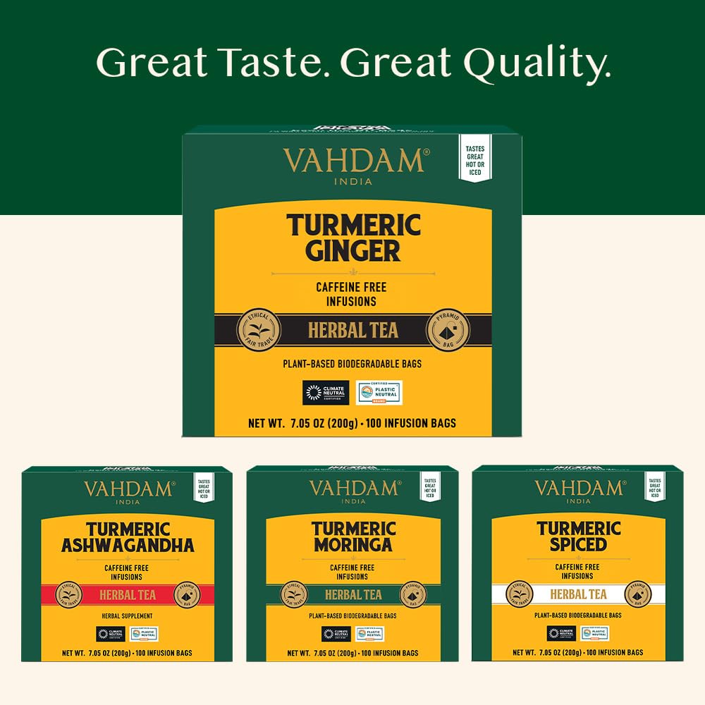 VAHDAM Organic Turmeric Ginger Herbal Tea Bags (100 Pyramid Tea Bags) Caffeine Free, Non GMO | 100% Pure Herbal Blend - Savory & Spicy, Plant-Based Teabags | Resealable Ziplock Pouch - Image 7