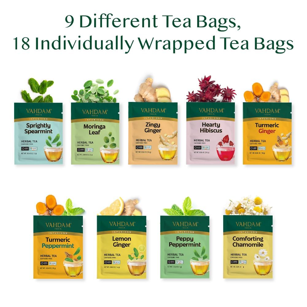 Alternative view of VAHDAM, Assorted Herbal Tea Sampler (18 Tea Bags, 9 Flavors) Caffeine-Free, Non-GMO | Double Infusion, Individually Enveloped Tea Bags | Herbal Tea Assortment | Valentines Day Gifts for Him & Her