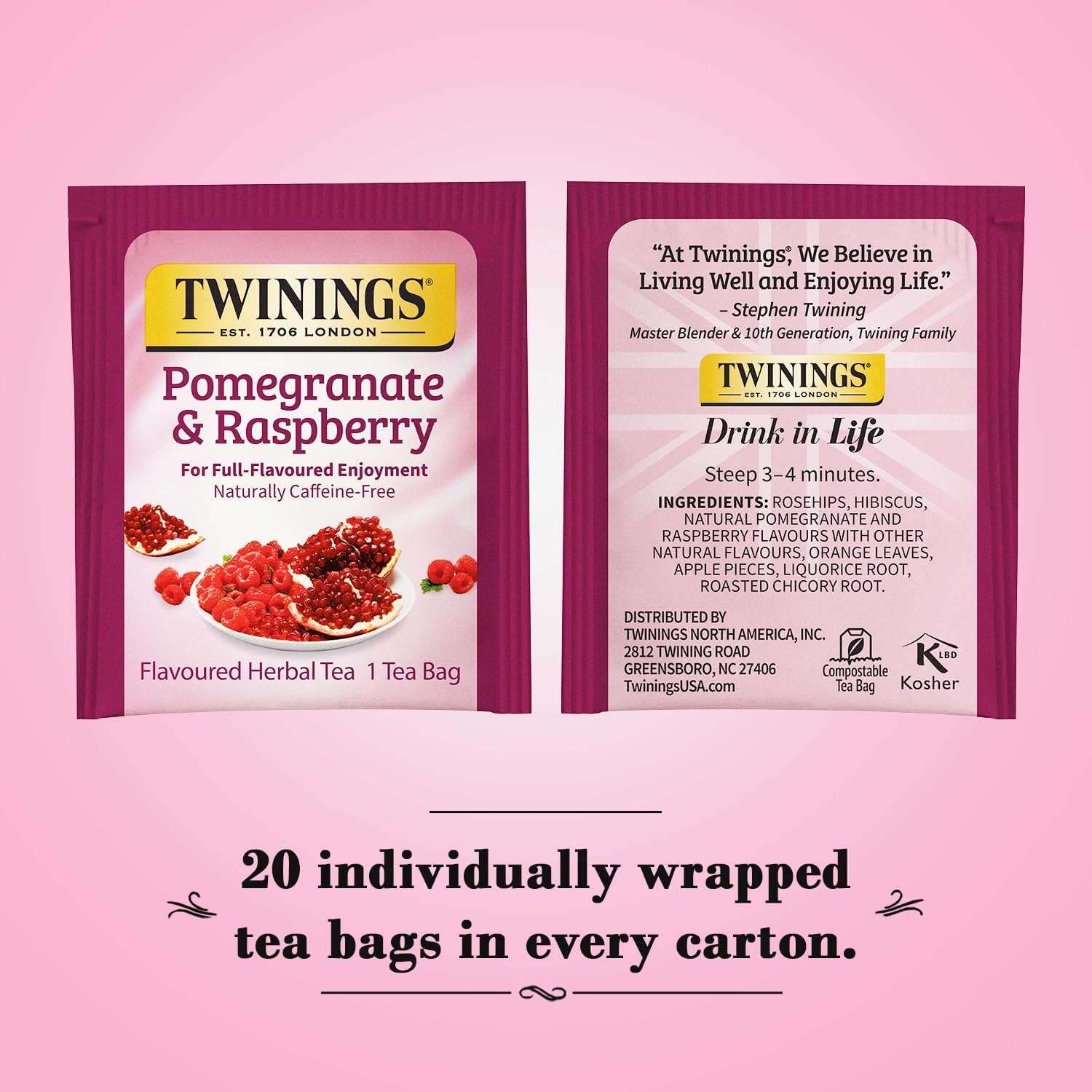 Twinings Pomegranate & Raspberry Tea - Naturally Caffeine-Free Herbal Tea Bags Individually Wrapped, 20 Count (Pack of 2)