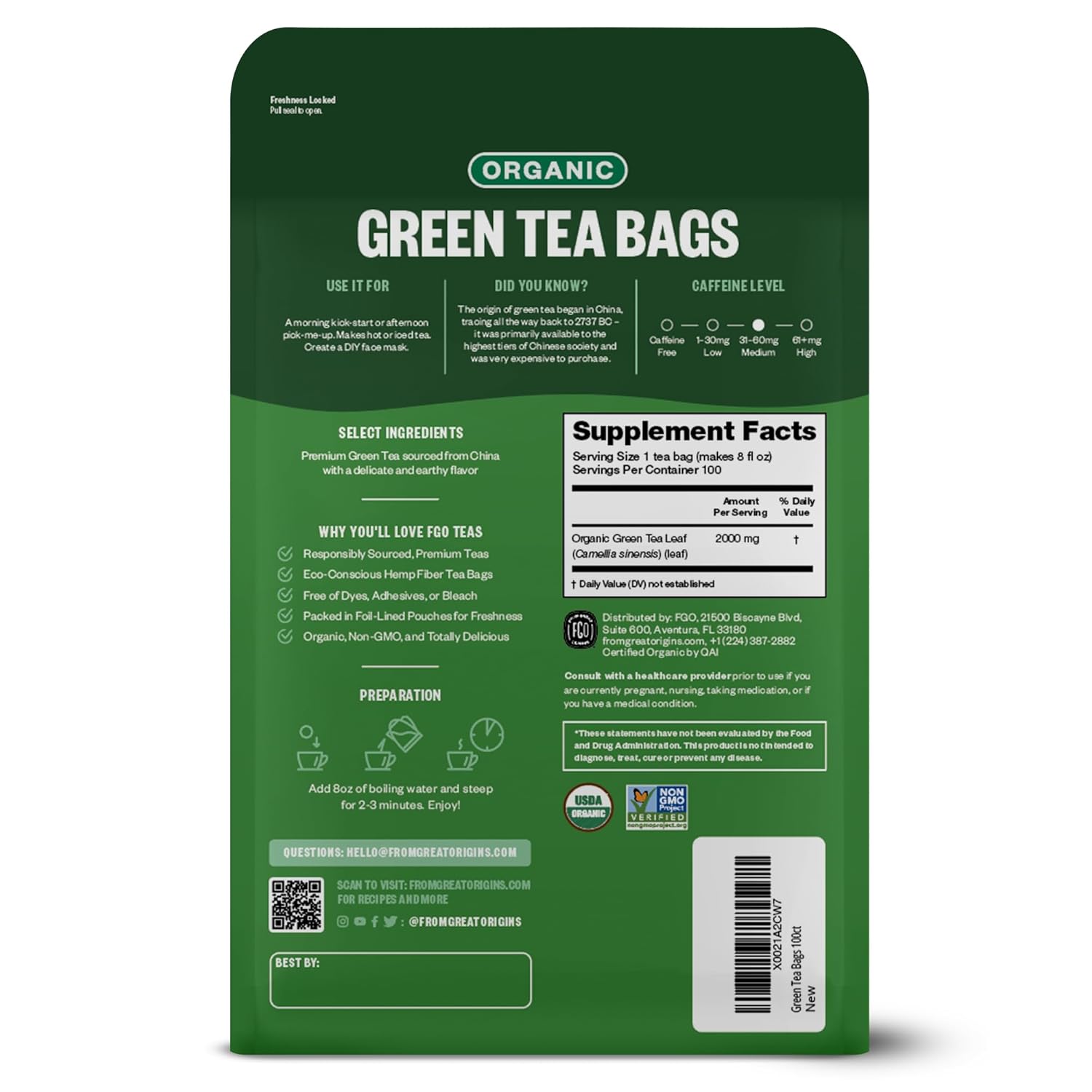 Alternative view of FGO Organic Green Tea, 100 Count Eco-Conscious Tea Bags, Caffeinated, Resealable Pouch, Packaging May Vary (Pack of 1)