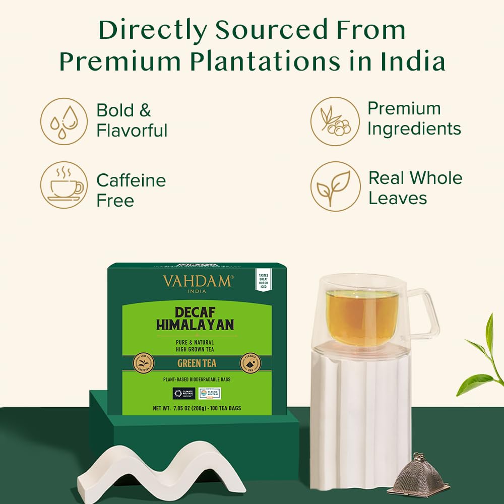 Alternative view of VAHDAM, Decaf Himalayan Green Tea Bags (100 Pyramid Tea Bags) Caffeine Free, Gluten Free | High Grown Decaf Green Tea | Resealable Ziplock Pouch | Pyramid Tea Bags