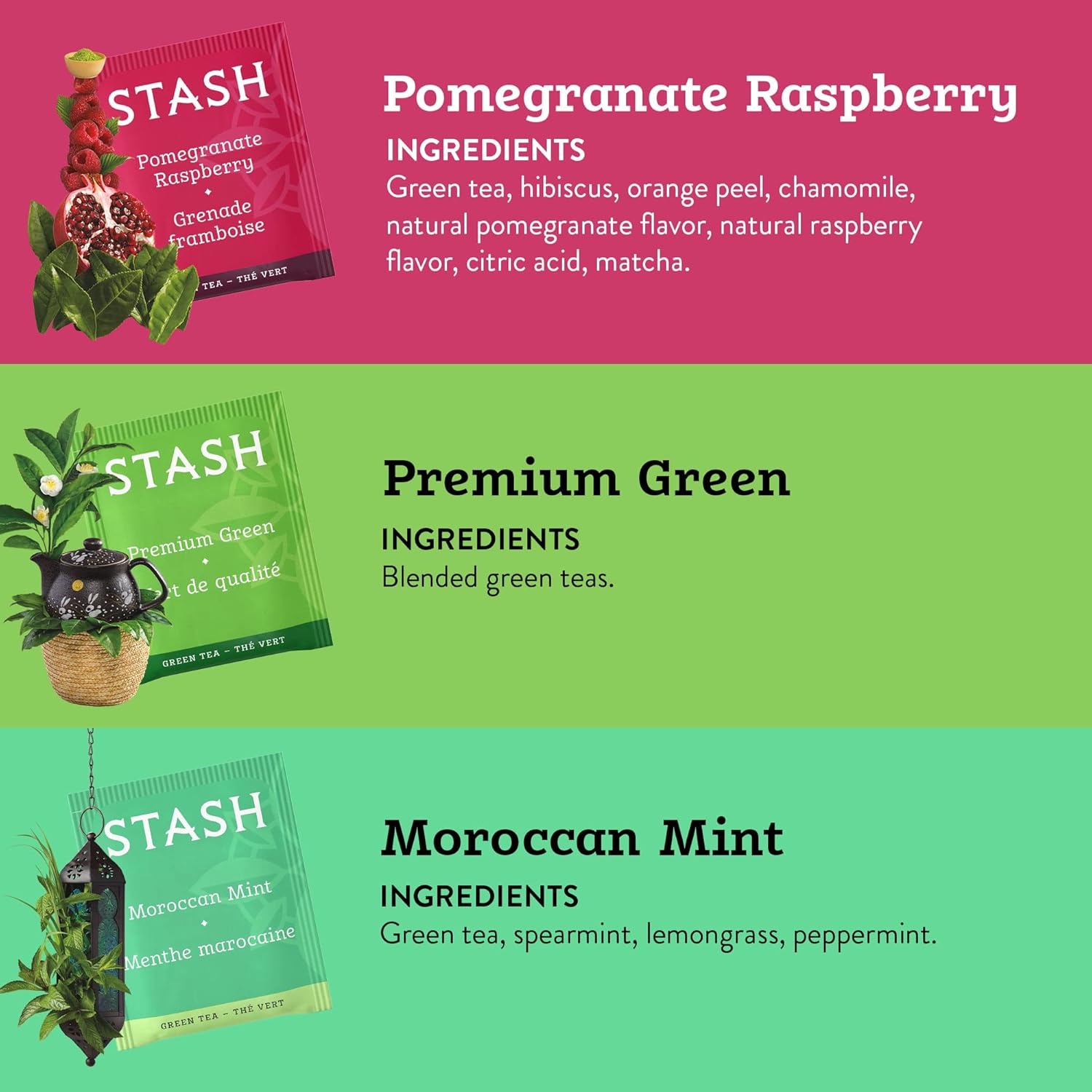STASH Green Tea Variety Pack u2013 Caffeinated, 6 Boxes of 18-20 Tea Bags Each u2013 Pomegranate Raspberry, Premium Green, Moroccan Mint, Ginger Peach, Chai Green & Asian Pear Harmony
