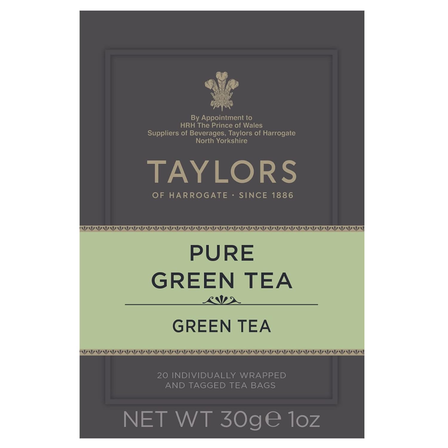 Taylors of Harrogate Pure Green Tea, Individually Wrapped Bags, 20 Count (Pack of 1), Delicate, Mellow and Crisp, Caffeinated, Enjoy Hot or Iced, 20 Teabags