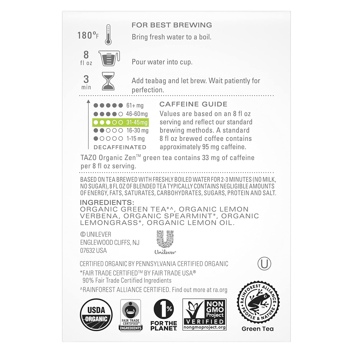 TAZO Organic Zen Green Tea Bags, Caffeine Free Tea with Refreshing Lemongrass & Spearmint, 144 Total Tea Bags (36ct - Pack of 4)