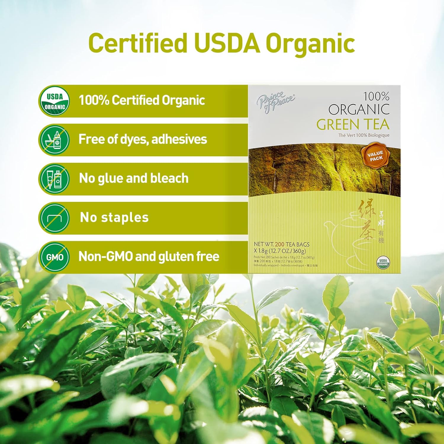 Prince of Peace 100% Organic Tea, BEST VALUE Family Size, 200 Tea Bags (Organic Green Tea)