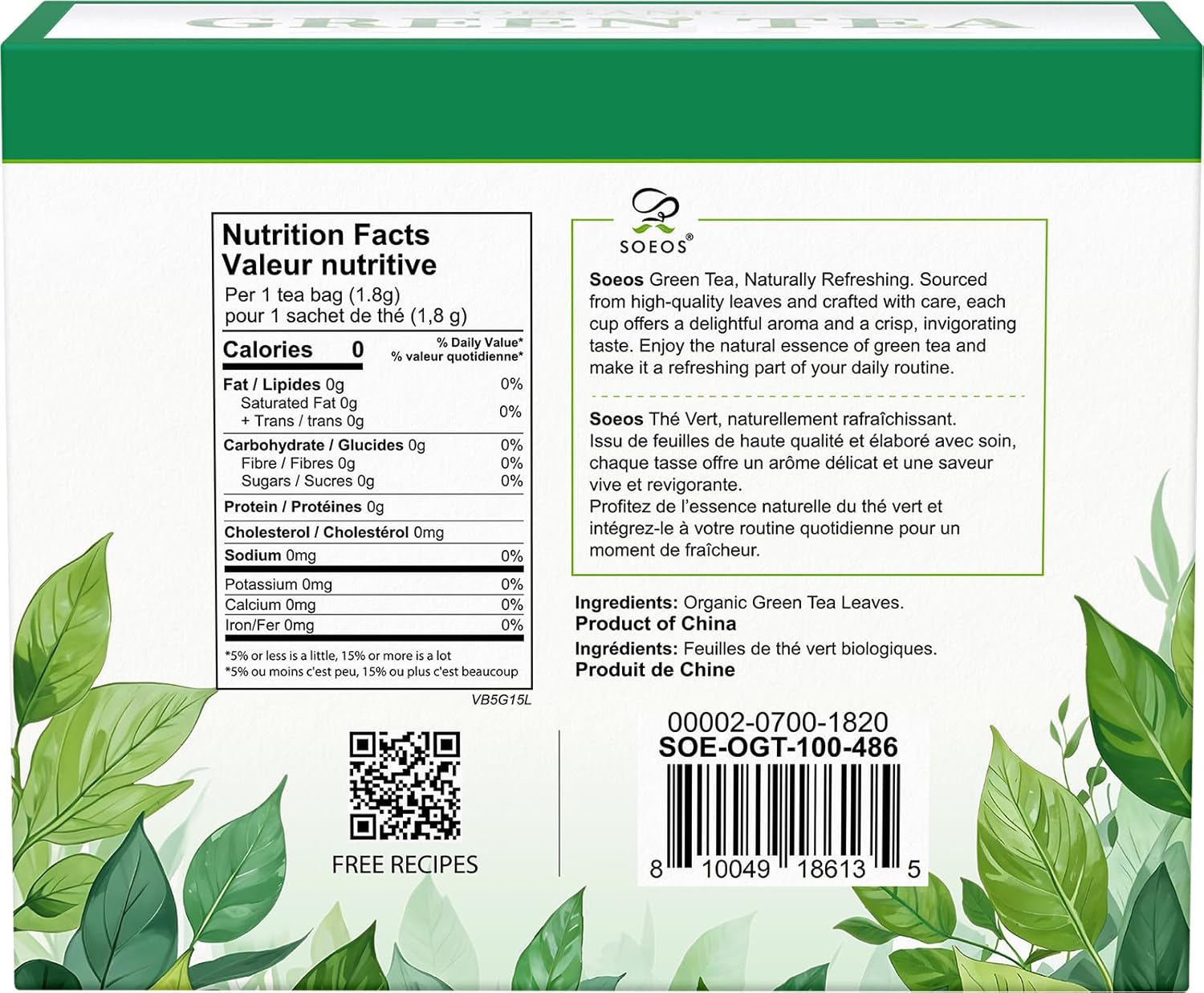 Soeos Organic Green Tea, 100 Tea Bags (Pack of 1), Caffeinated, Low Caffeine, Fresh and Healthy Green Tea, 6.3 Ounce