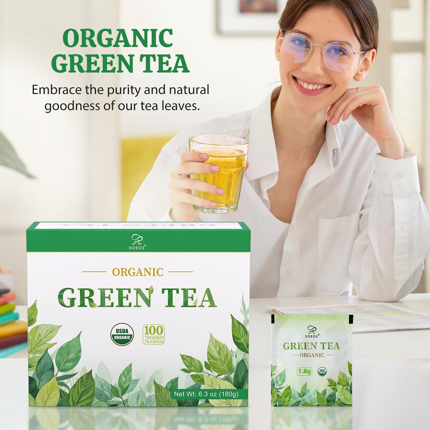 Alternative view of Soeos Organic Green Tea, 100 Tea Bags (Pack of 1), Caffeinated, Low Caffeine, Fresh and Healthy Green Tea, 6.3 Ounce