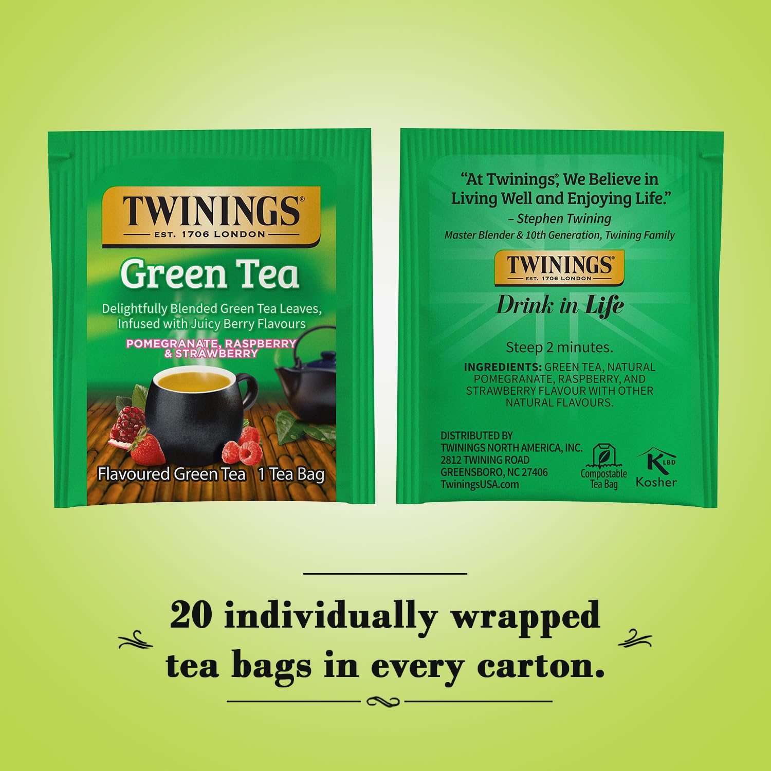 Twinings Green Tea with Pomegranate, Raspberry, and Strawberry - Caffeinated Green Tea Bags Individually Wrapped, 20 Count (Pack of 2)