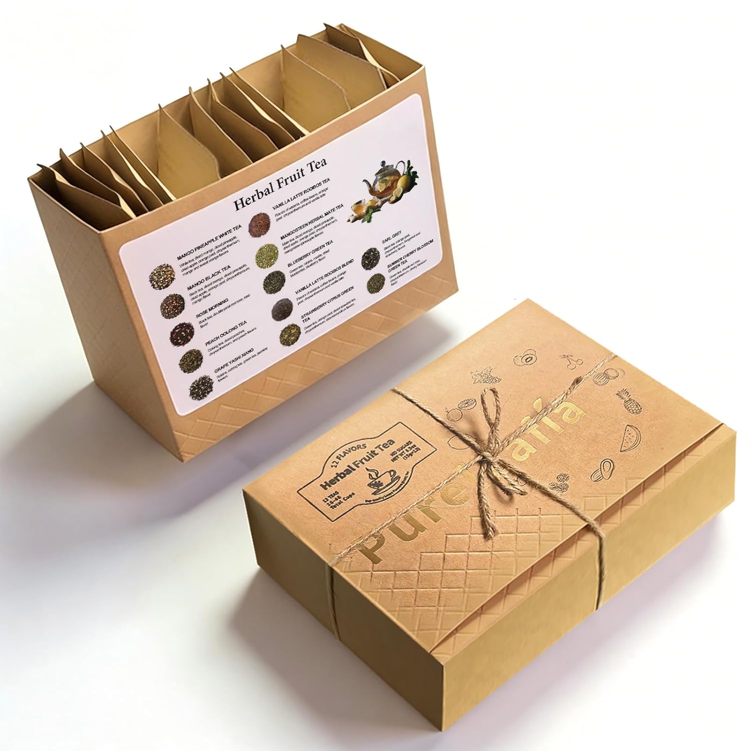 Pureleafia Herbal Fruit Tea Gift Set - 12 Artisan Flavors, 15g Loose Leaf Pouches, Hot & Cold Brew, Sugar-Free, High Concentration 5g for 2L Pitcher, Ideal for Family Travel & Holiday Gift