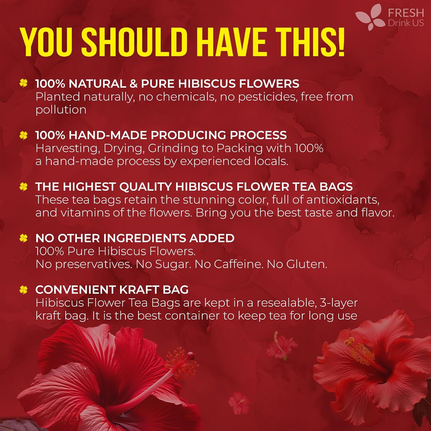 FreshDrinkUS, Premium 140 Hibiscus Flowers Tea Bags, 100% Natural, Handmade & Pure from Hibiscus Flowers. No Sugar/Caffeine/Gluten, Vegan. Tart & Refreshing, Hot or Ice Tea, Great For All Seasons - Image 4
