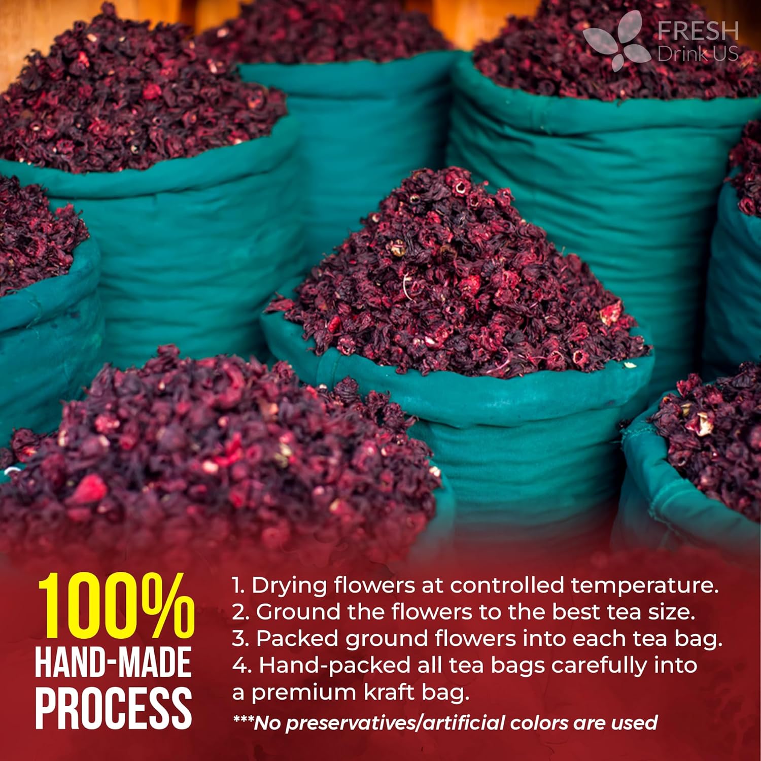 FreshDrinkUS, Premium 140 Hibiscus Flowers Tea Bags, 100% Natural, Handmade & Pure from Hibiscus Flowers. No Sugar/Caffeine/Gluten, Vegan. Tart & Refreshing, Hot or Ice Tea, Great For All Seasons - Image 7