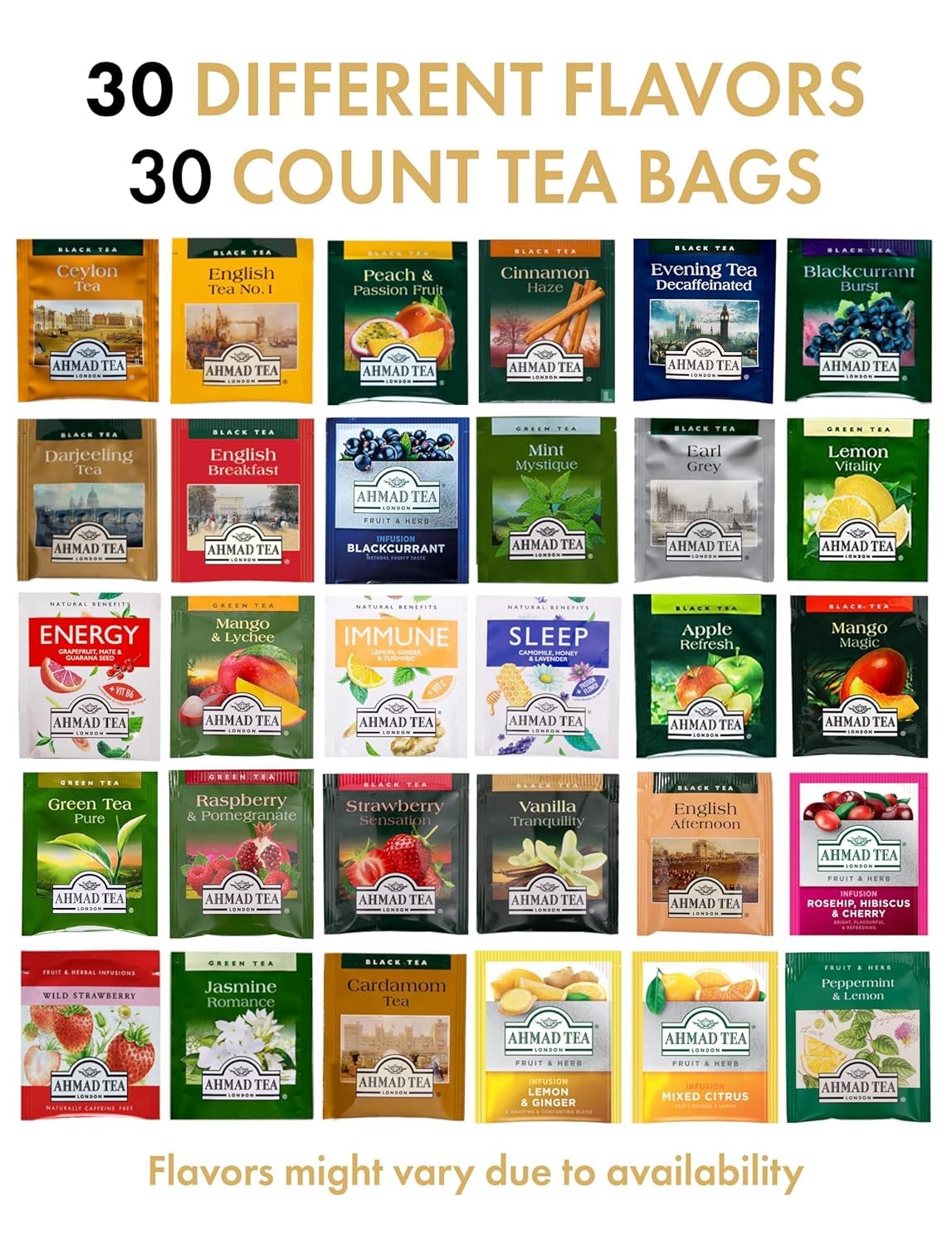 Ahmad Tea Sampler Assortment, Variety Pack (30 Count), 30 Unique Flavors of Tea