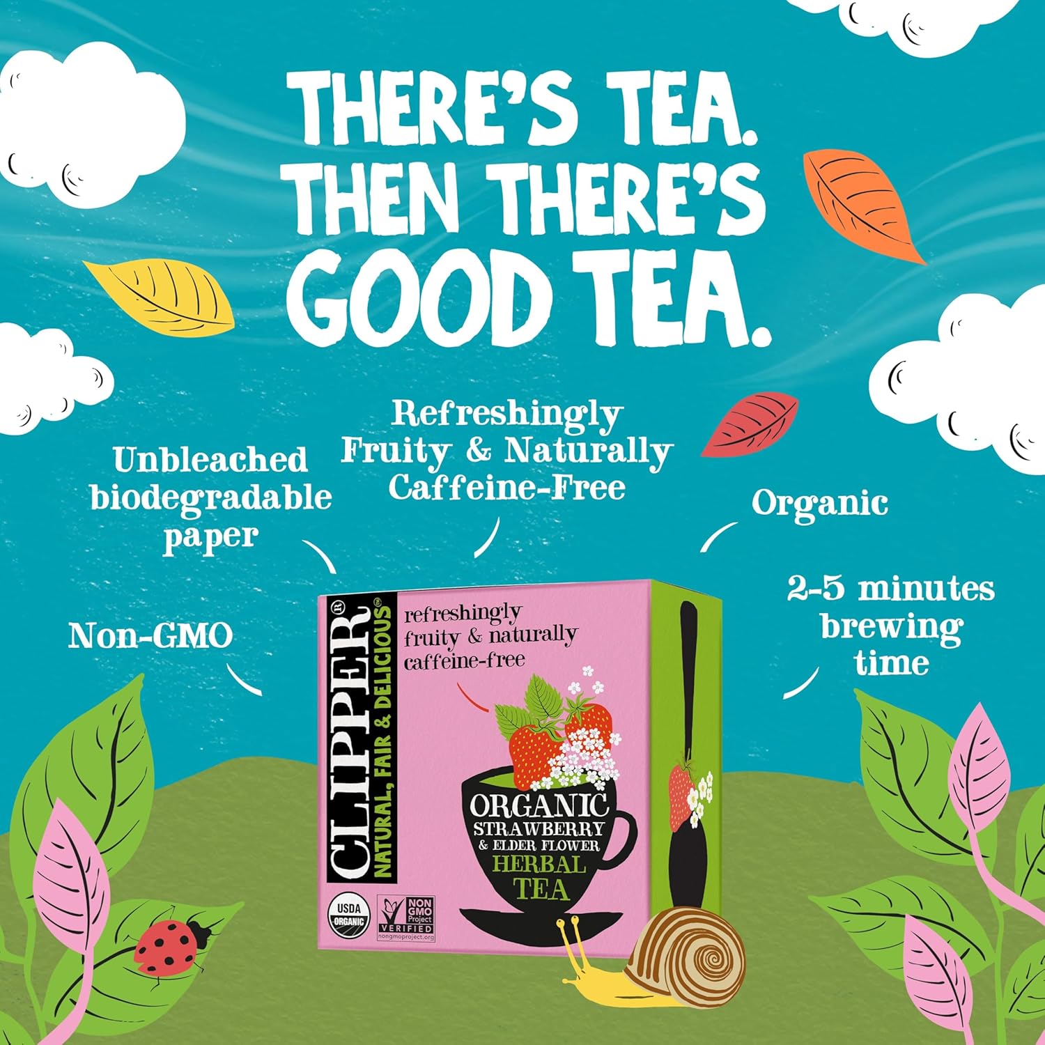 Clipper Tea Organic Strawberry & Elderflower Herbal Tea u2013 50 Count (Pack of 1) u2013 Caffeine Free & Non-GMO u2013 Unbleached, Plastic-Free Tea Bags u2013 Delicious Hot or Iced Fruit Infusion
