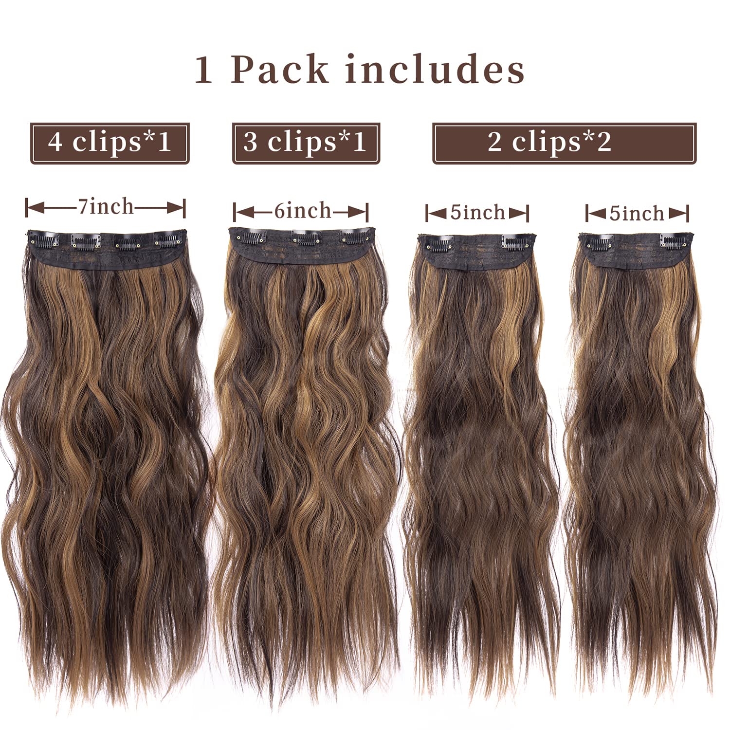 4Pcs Clip in Hair Extensions, 20 Inches Long Wavy Synthetic Brown Hair Extensions Clip in, for Women and Girls (Color: Dark Brown with Light Brown Highlights)
