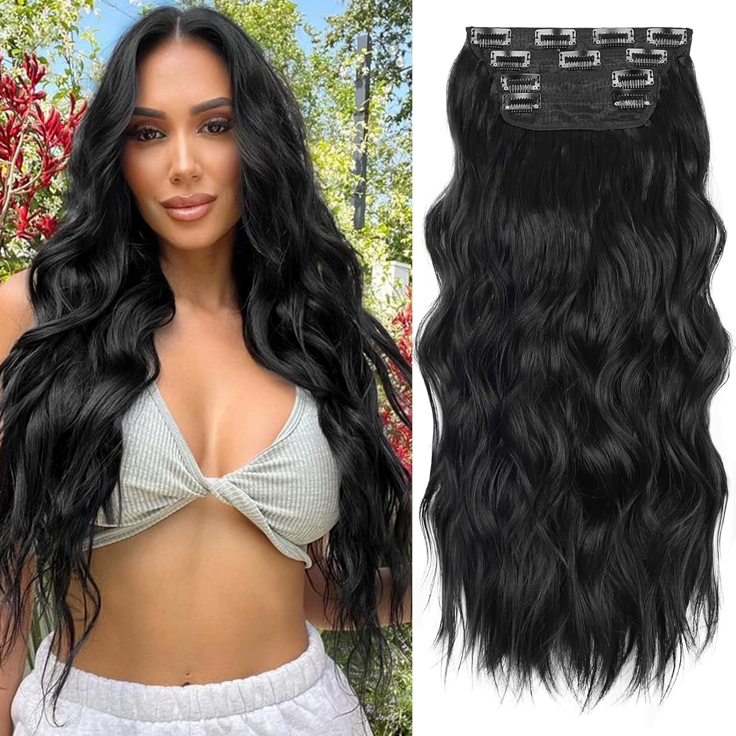 ALXNAN Clip in Long Wavy Synthetic Hair Extension 24 Inch Black 4PCS Thick Hairpieces Fiber Double Weft Hair for Women