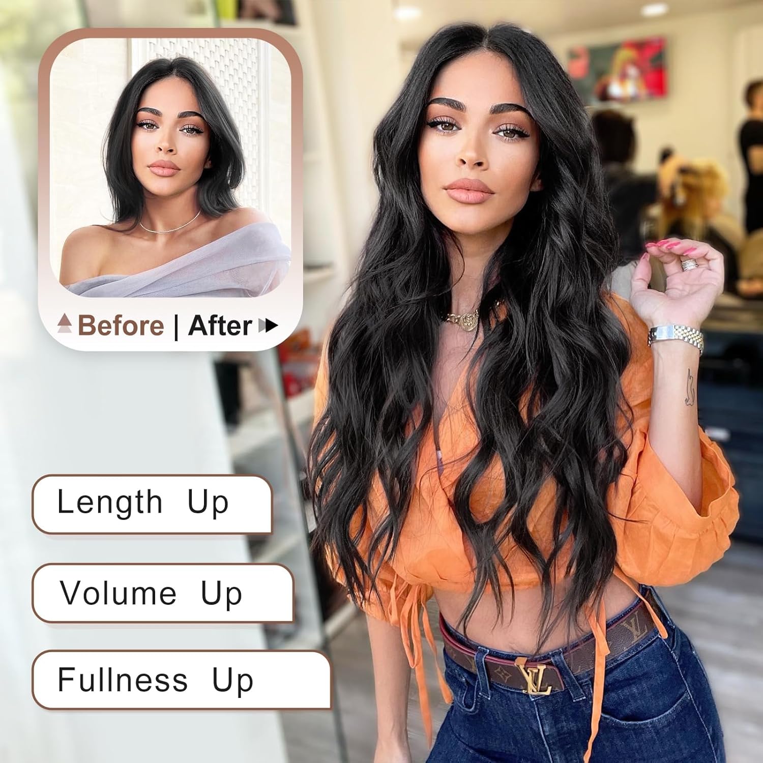 Alternative view of ALXNAN Clip in Long Wavy Synthetic Hair Extension 24 Inch Black 4PCS Thick Hairpieces Fiber Double Weft Hair for Women