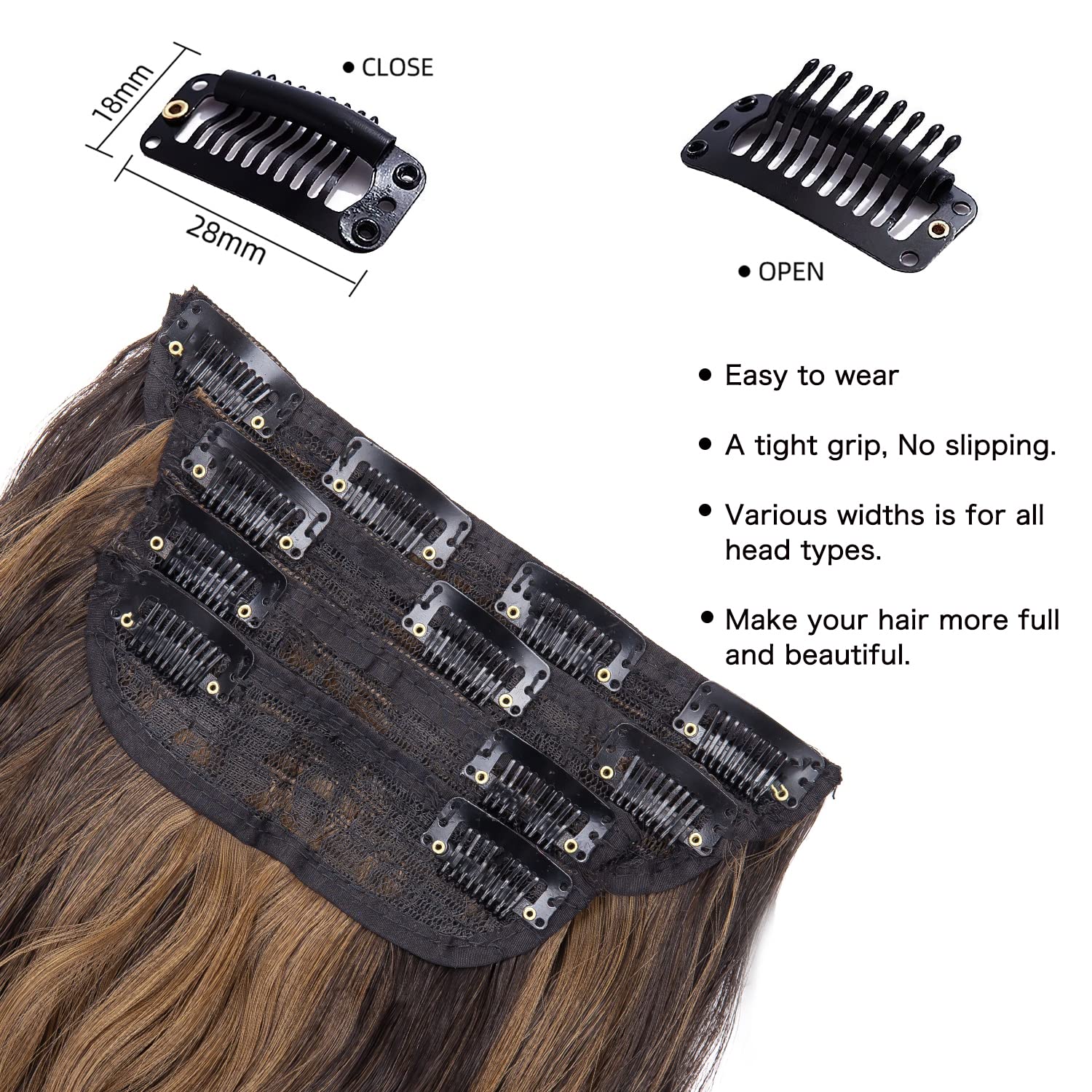 Alternative view of 4Pcs Clip in Hair Extensions, 20 Inches Long Wavy Synthetic Brown Hair Extensions Clip in, for Women and Girls (Color: Dark Brown with Light Brown Highlights)