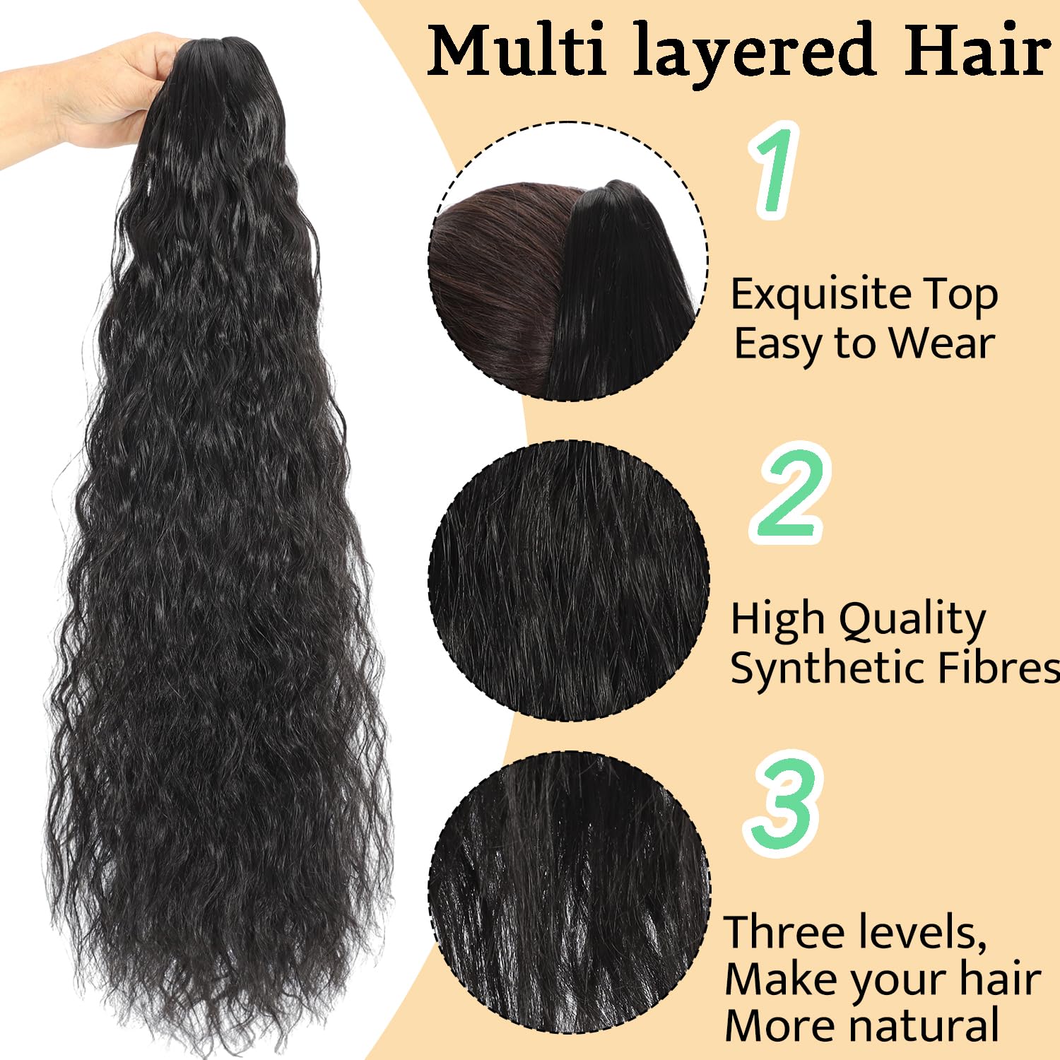 Claw Clip Long Wavy Ponytail Extension for Women, Curly Pony Tail Hairpiece, Layered Fluffy Natural Looking Synthetic Clip-in Hair Extensions for Daily Use (Black, 30 Inch)
