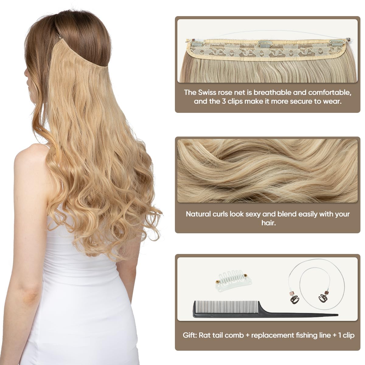 Alternative view of SARLA Invisible Wire Hair Extensions with 3 Clips Long Synthetic Wavy Curly Hairpiece Adjustable Transparent Headband for Women 22 Inch Ash Medium Brown/Ash Blonde Highlights
