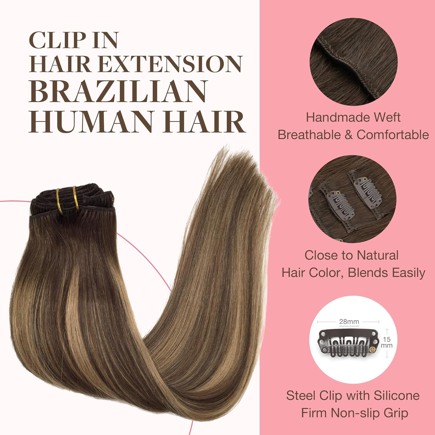 Alternative view of GOO GOO Clip in Hair Extensions Real Human Hair, Remy Human Hair Extensions Clip ins for Women, Natural Human Hair, 16inch 120g 7Pcs, 4/27/4 Balayage Chocolate Brown to Caramel Blonde