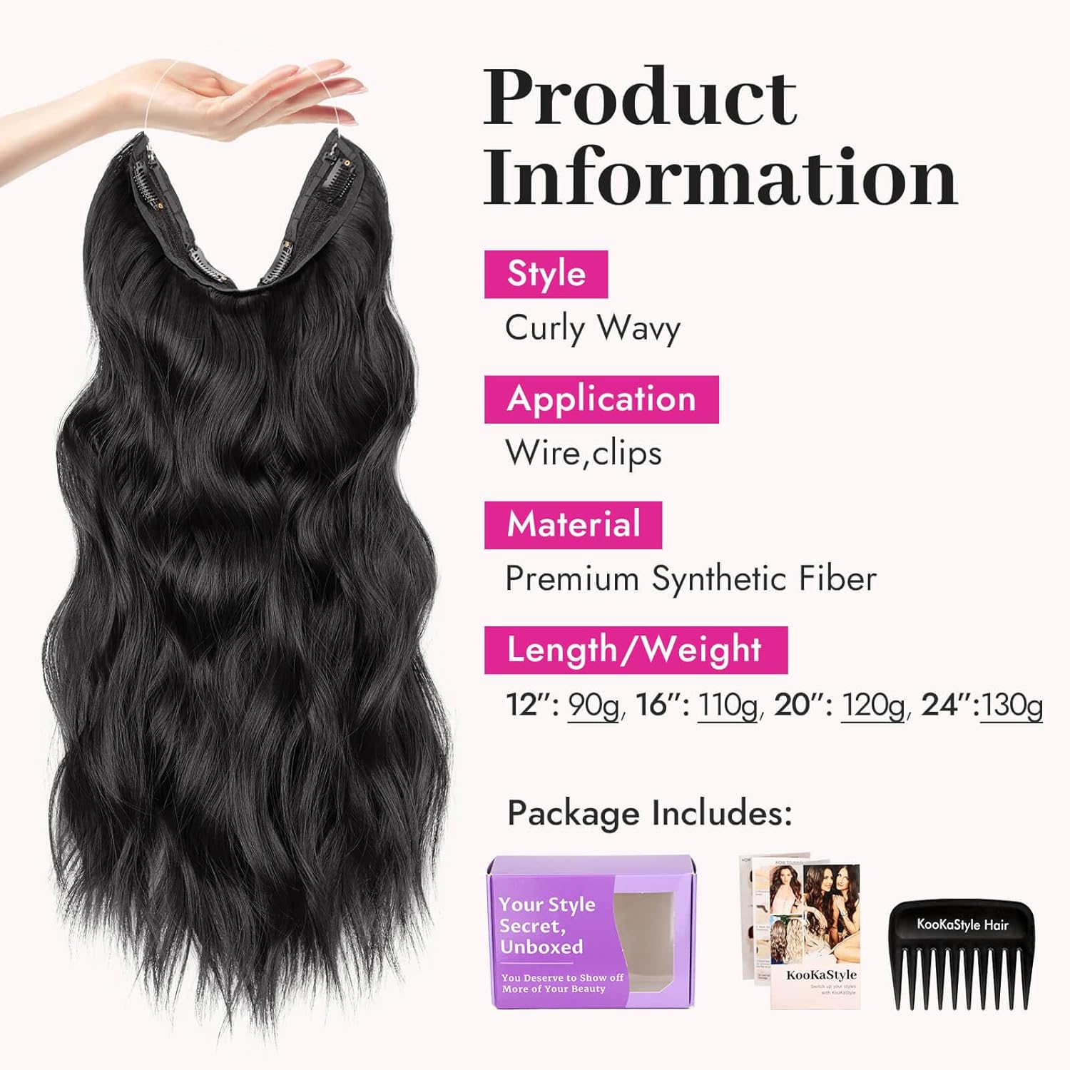 KooKaStyle Invisible Wire Hair Extensions with Transparent Headband Adjustable Size 4 Secure Clips Black Long Wavy Hairpiece 20 Inch for Women