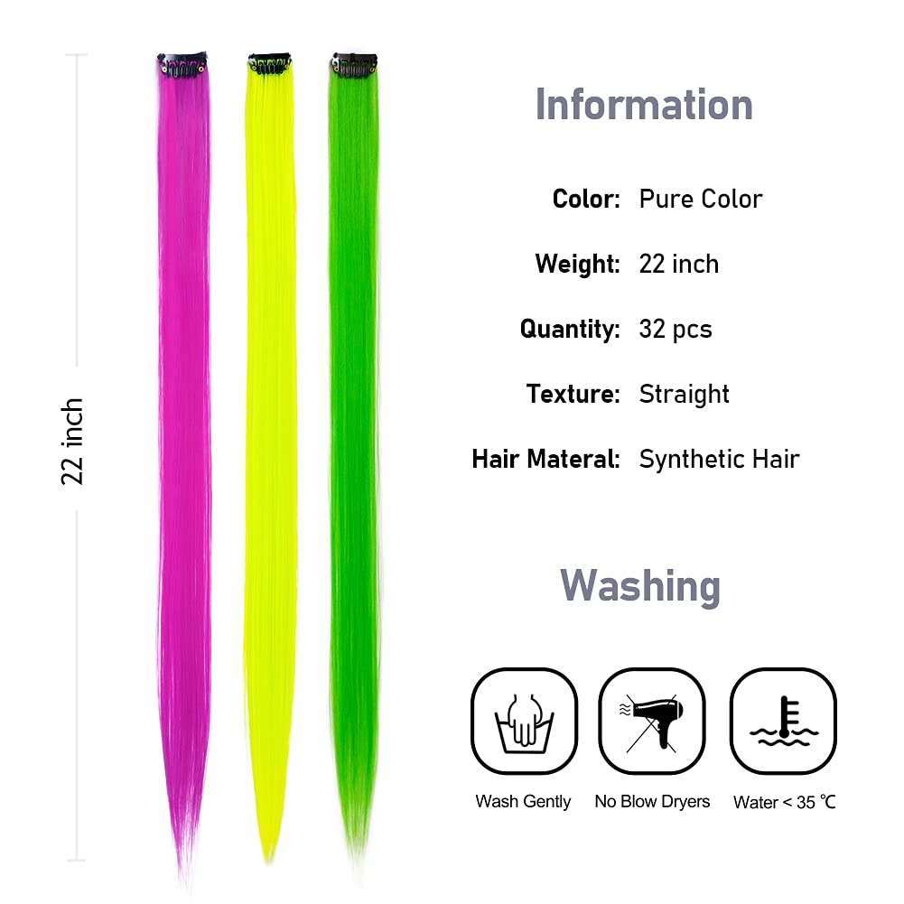 Alternative view of KGBFASS 32Packs Colored Hair Extensions 20Inch Straight Color Clip in on Hair Extension Rainbow Party Highlights Synthetic Hairpiece(16 colors)