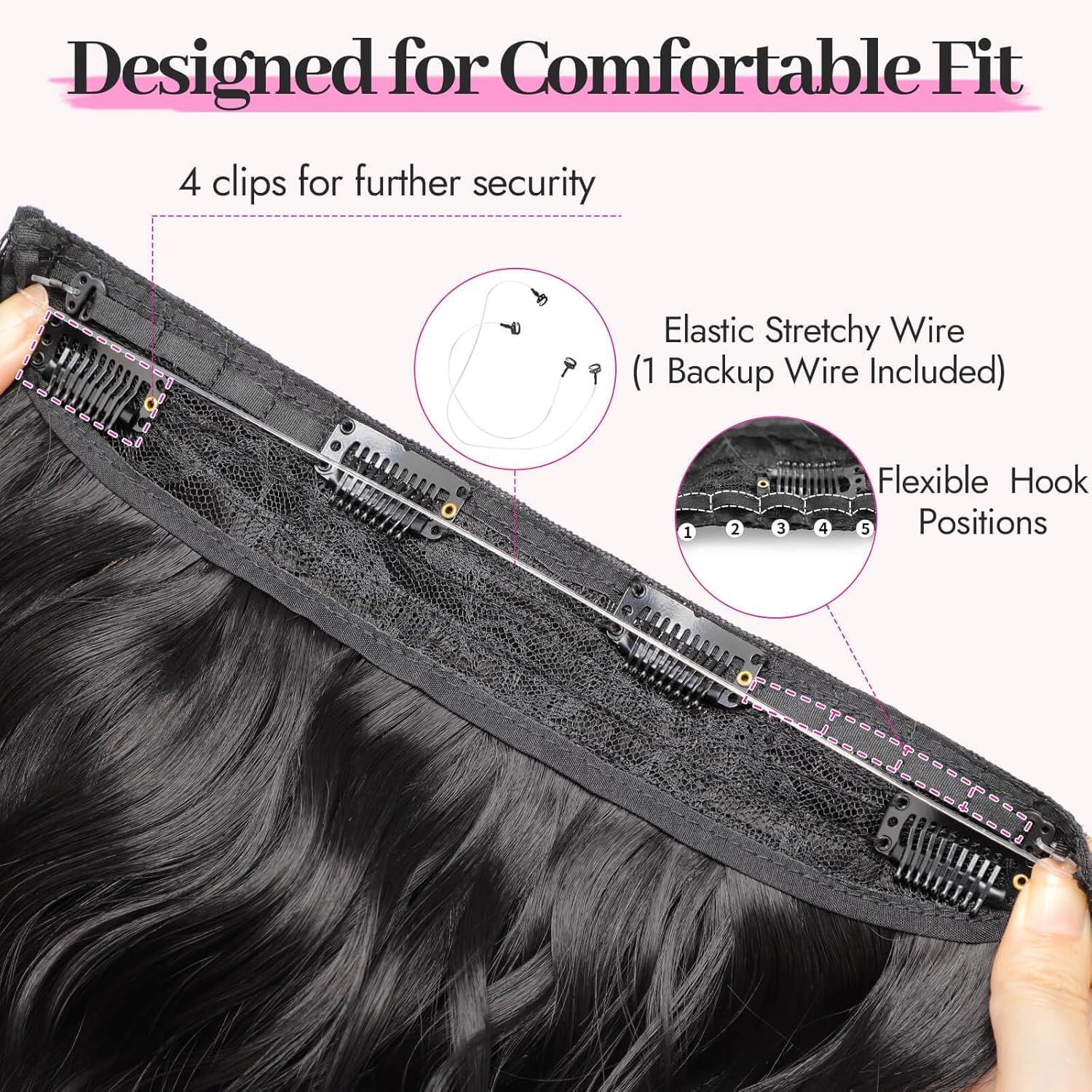 Alternative view of KooKaStyle Invisible Wire Hair Extensions with Transparent Headband Adjustable Size 4 Secure Clips Black Long Wavy Hairpiece 20 Inch for Women