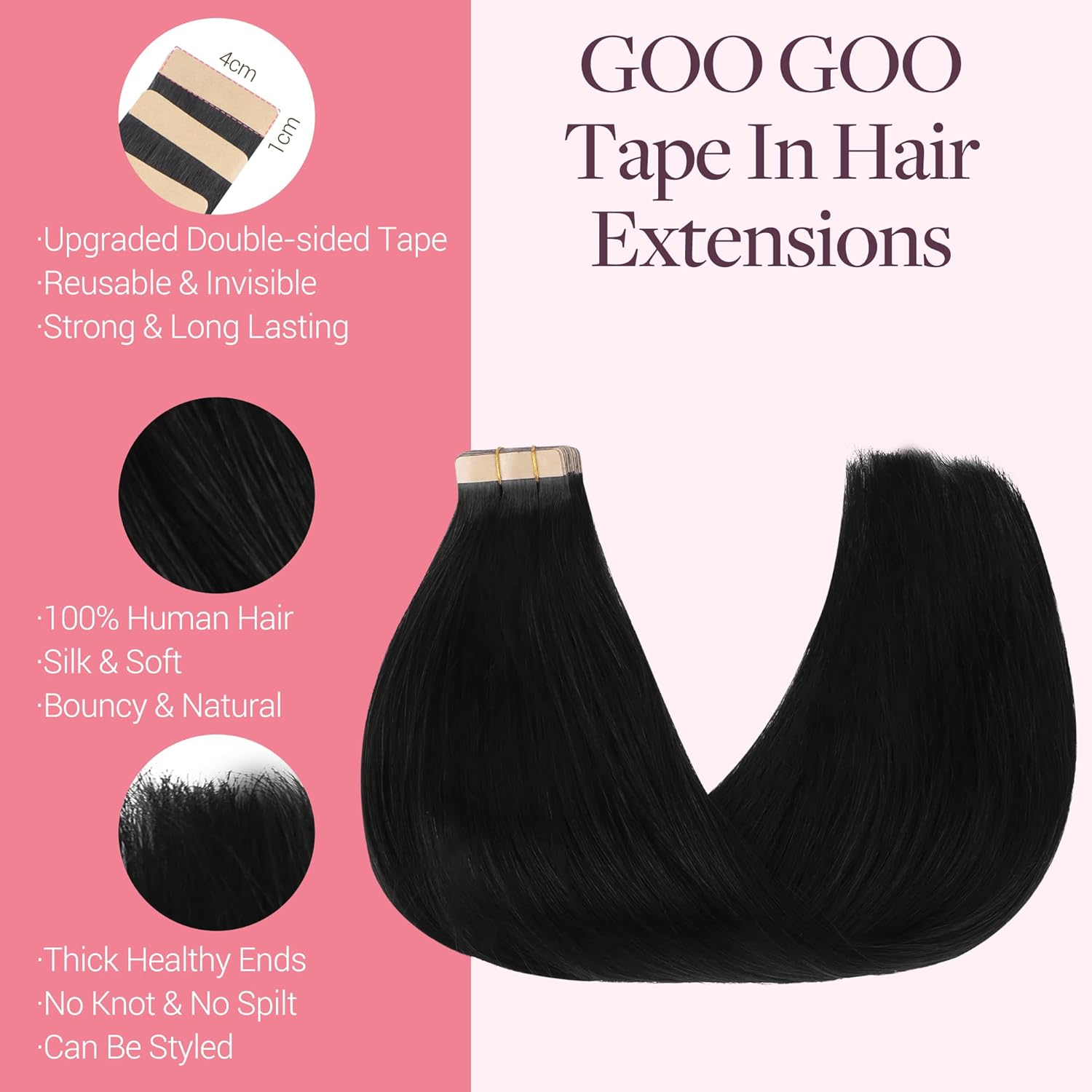 Alternative view of GOO GOO Tape in Hair Extensions Human Hair, 1 Jet black, 20inch 50g 20pcs, Skin Weft Seamless Invisible, Silky Straight with Thick Ends, Remy Human Hair