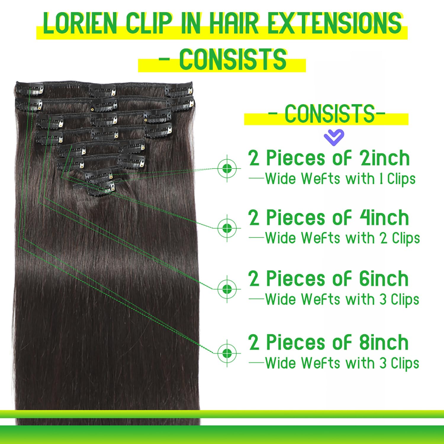Alternative view of LORIEN Clip in Hair Extensions Real Human Hair, 18 Inch 100g/3.6oz, 1B Natural Black, Clip in 100% Brazilian Remy Human Hair Extensions 8pcs Per Set with 18 Clips Double Weft