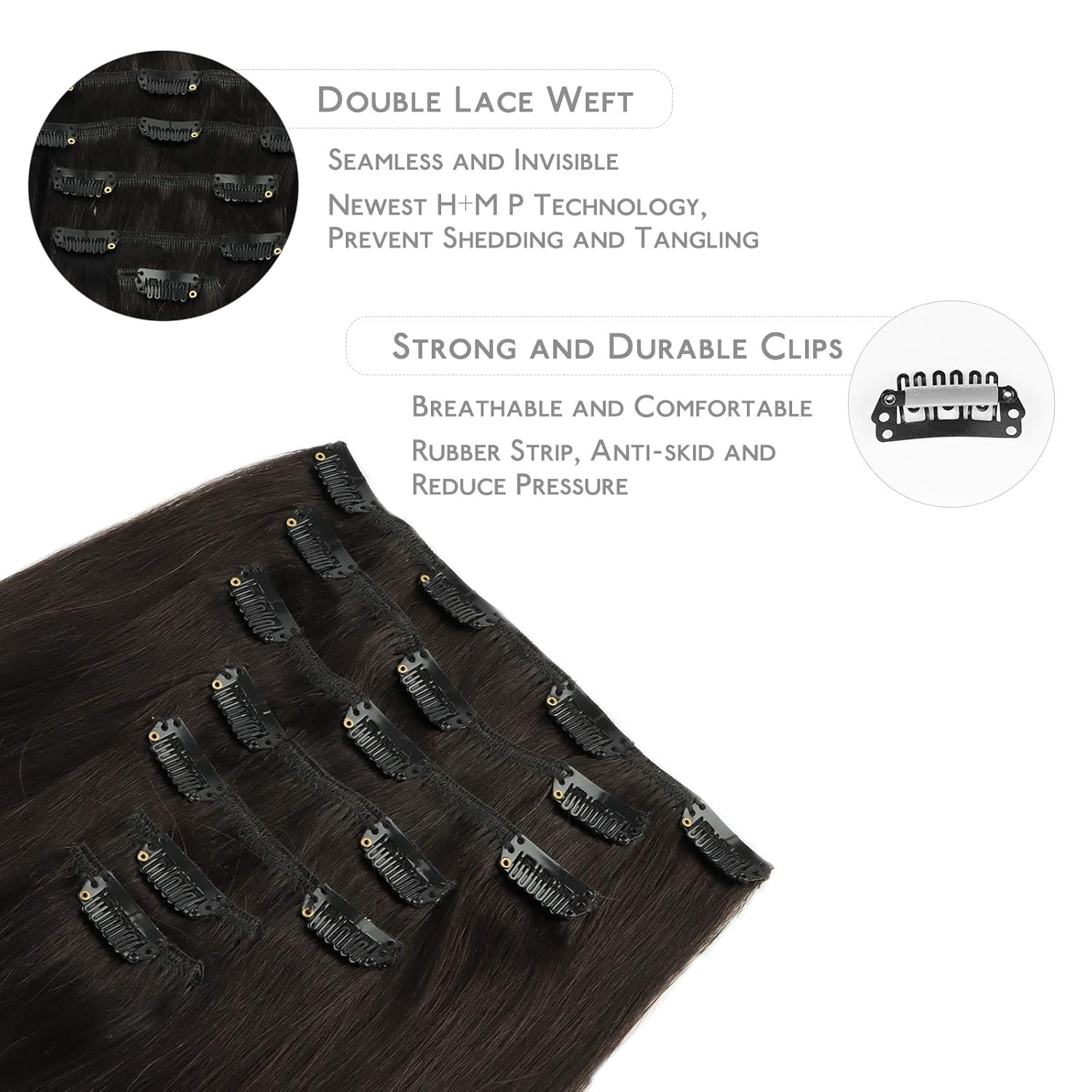 Alternative view of WENNALIFE Clip in Hair Extensions Real Human Hair, 18 Inch 120g 7pcs Human Hair Extensions Clip Ins, Dark Brown Coloured Remy Hair