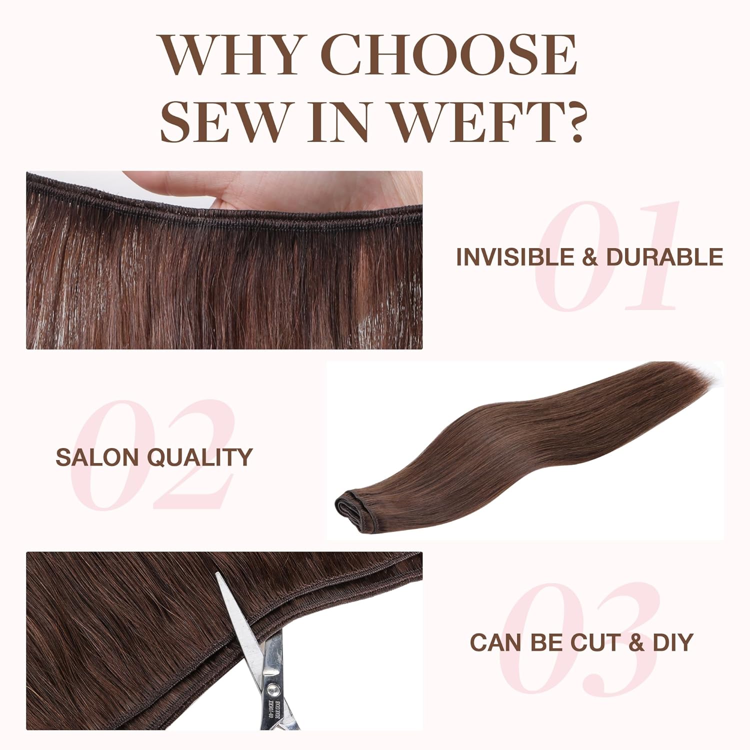 Alternative view of GOO GOO Sew in Hair Extensions Real Human Hair, Weft Hair Extensions Human Hair, 4A Chocolate Brown 22inch 110g, Weft Bundles Straight Silky Remy Hair