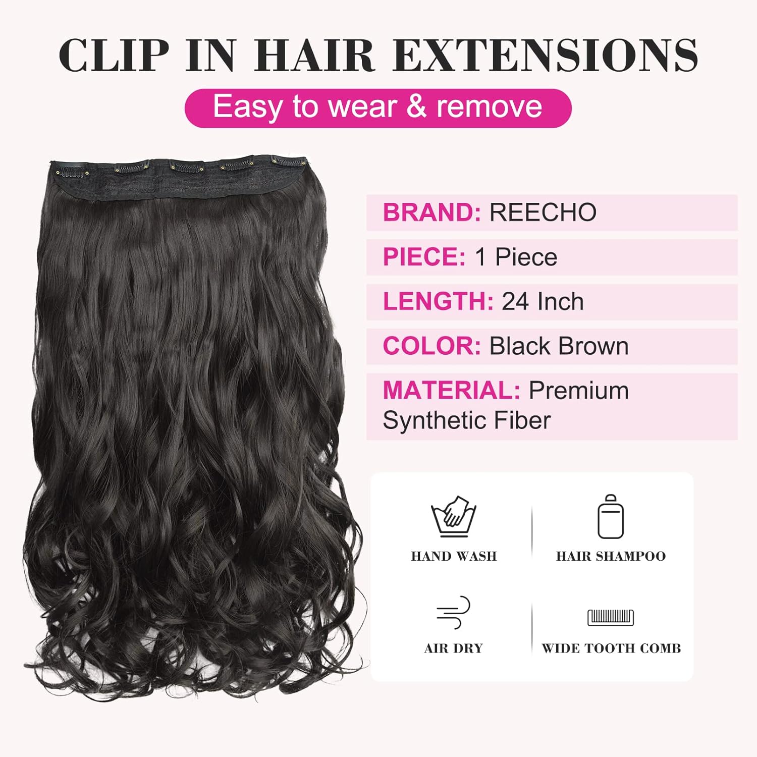 REECHO 24" 1-Pack 3/4 Full Head Curly Wave Clips in on Synthetic Hair Extensions HE008 Hairpieces for Women 5 Clips per Piece-Black Brown