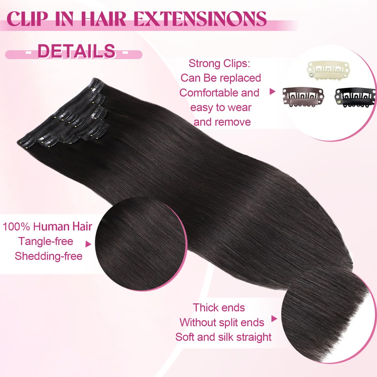 Alternative view of Clip in Hair Extensions Real Human Hair, 20 Inch 105g 100% Remy Human Hair Clip in Extensions for Women, Invisible Straight Seamless Clip ins Hair Extensions 8pcs Double Weft #1B Natural Black
