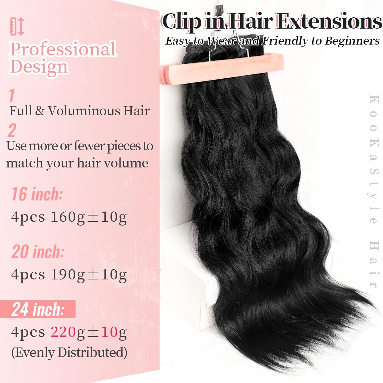 Alternative view of KooKaStyle Clip in Synthetic Hair Extensions Long Wavy 4PCS Thick Hairpieces Black Fiber Double Weft Natural Hair Extensions 24 Inch for Women