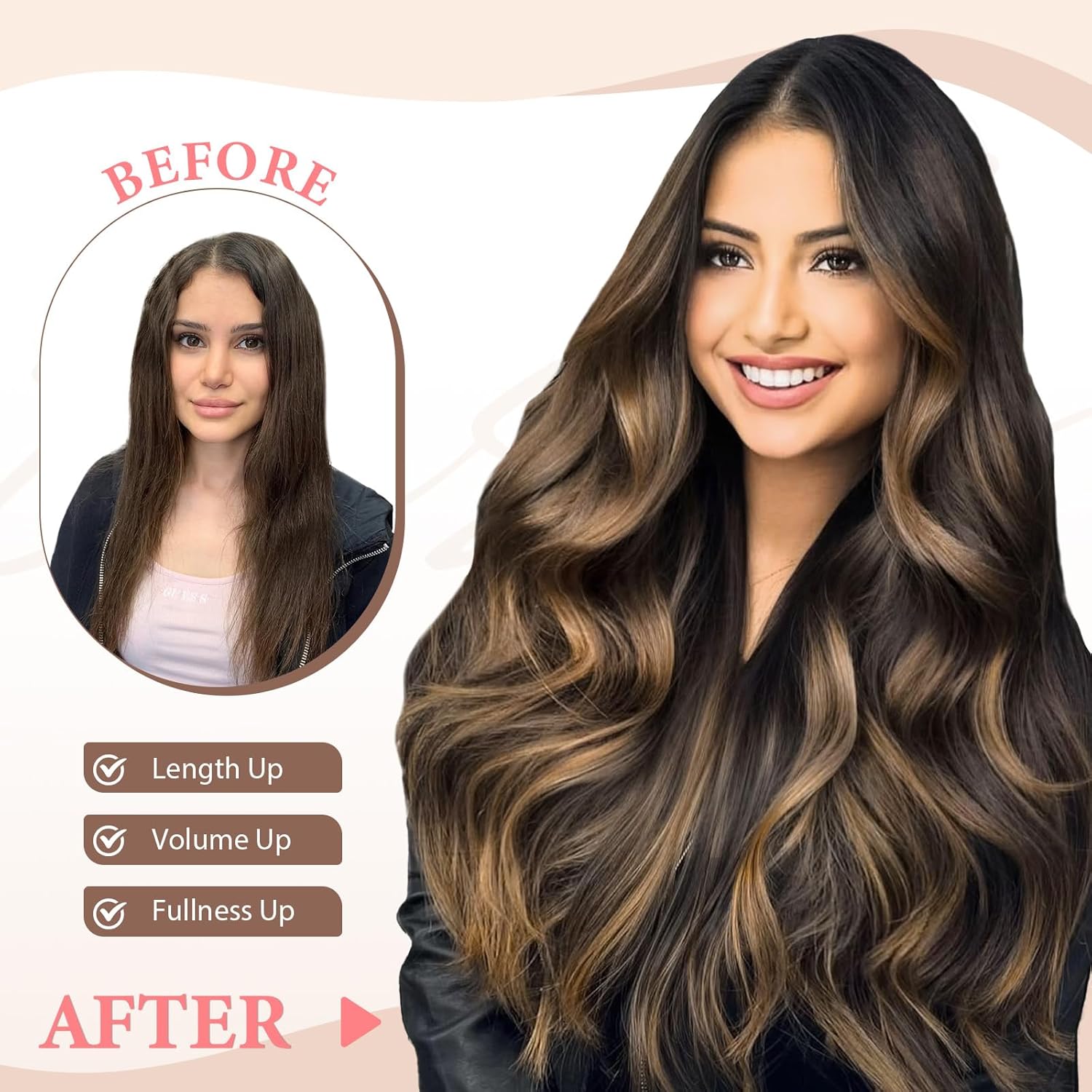Fliace Synthetic Clip in Hair Extensions, 6PCS Natural &Soft Hair& Blends Well Lonng Wavy Hairpieces(20inch,6pcs, Black with Brown Highlights)