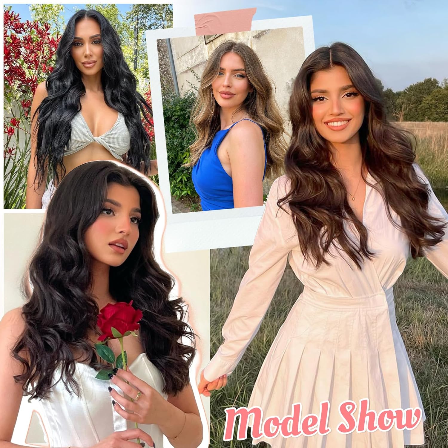 Alternative view of Fliace Synthetic Clip in Hair Extensions, 6PCS Natural &Soft Hair& Blends Well Lonng Wavy Hairpieces(20inch,6pcs, Black with Brown Highlights)