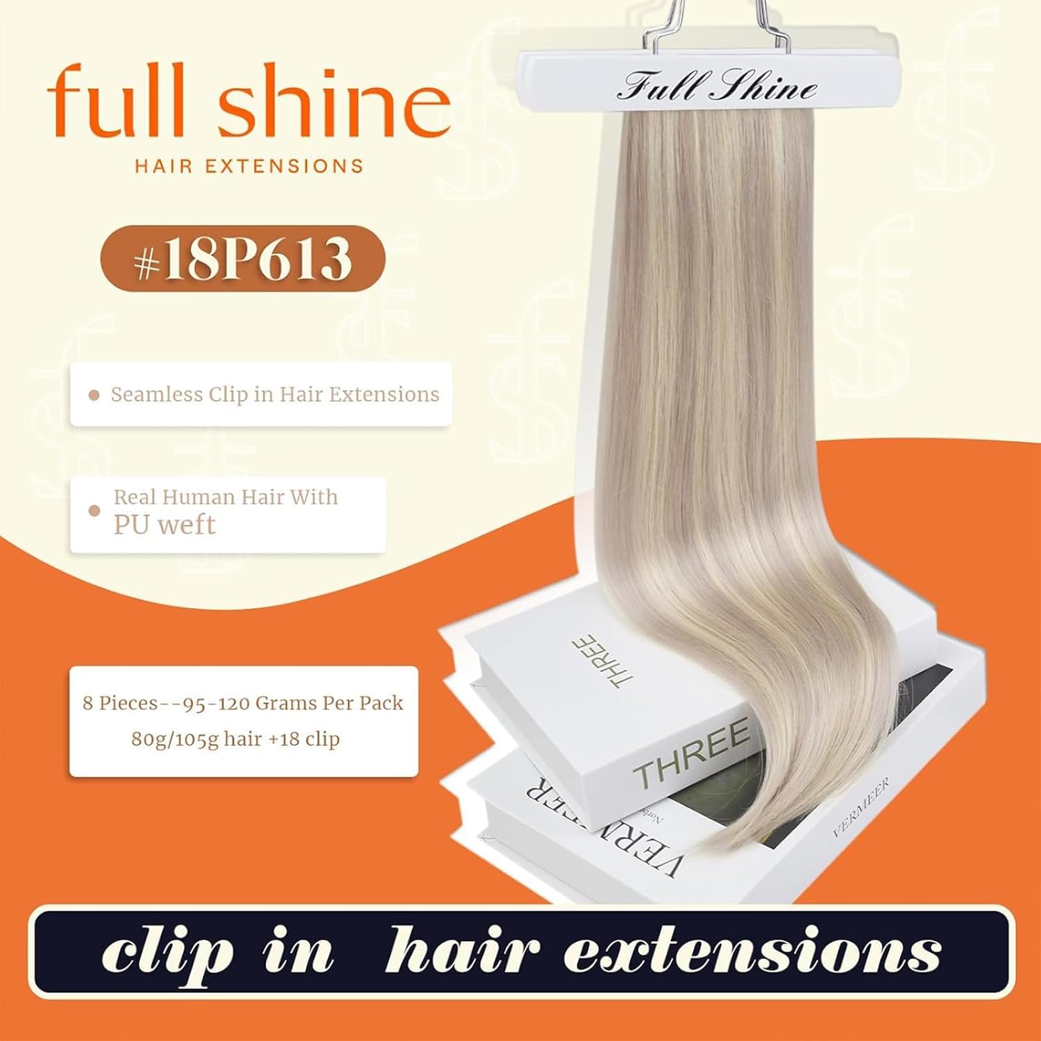 Full Shine Hair Extensions Real Human Hair Clip ins Blonde Hair Extensions Highlight Seamless Clip in Human Hair Extension PU Skin Weft Add Volume 18 Inch 8 PCS 120 G