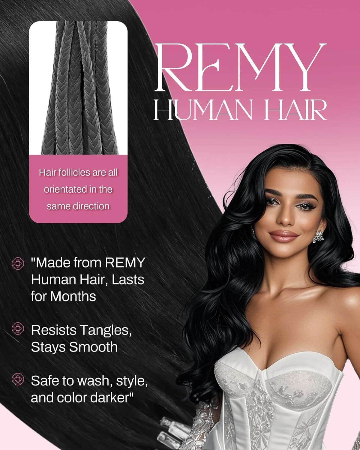 Alternative view of Moresoo Microlink Hair Extensions Human Hair Jet Black Micro Bead Hair Extensions Real Human Hair 24 inch Black Micro Link Extensions for Women 57g Easy to Install