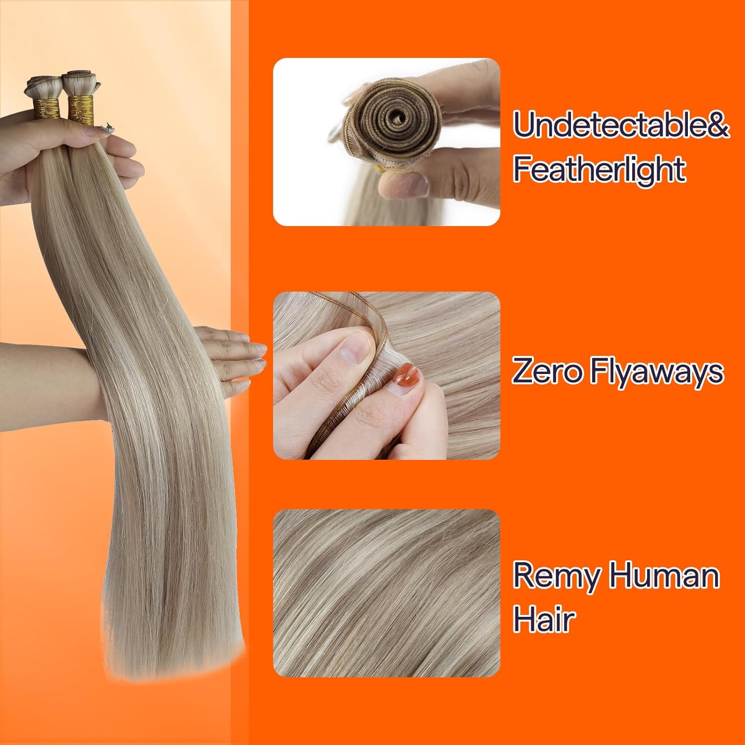 Alternative view of Full Shine 22 Inch Human Hair Weft Sew In Hair Extensions Real Human Hair Hand Tied Hair Extensions Color Ash Blonde Highlight Bleach Blonde Bundles Straight Human Hair 60G