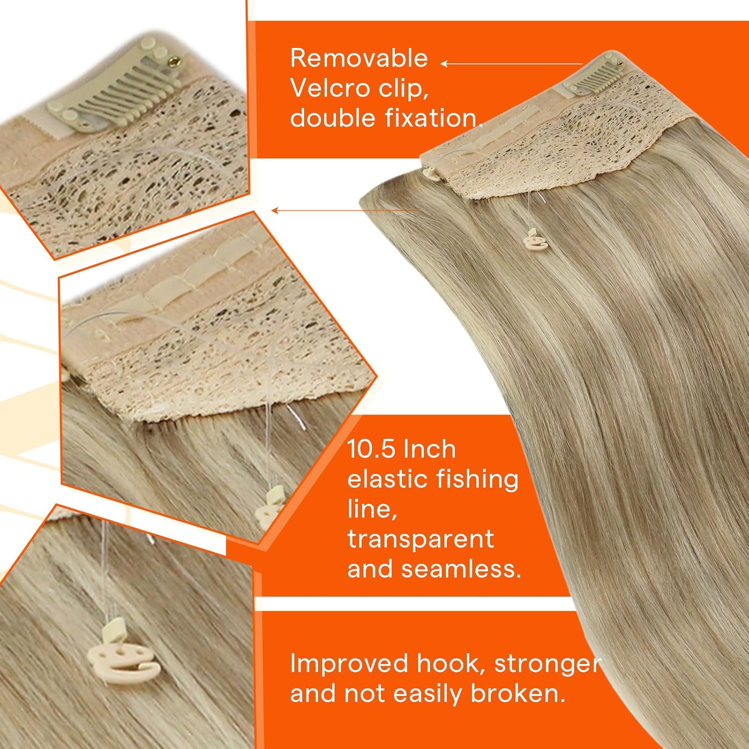 Alternative view of Sunny Hair Wire Hair Extensions Real Human Hair Fish Line Human Hair Extensions Invisible Wire Extensions Golden Blonde with Medium Blonde Highlights #16/22 18 Inch