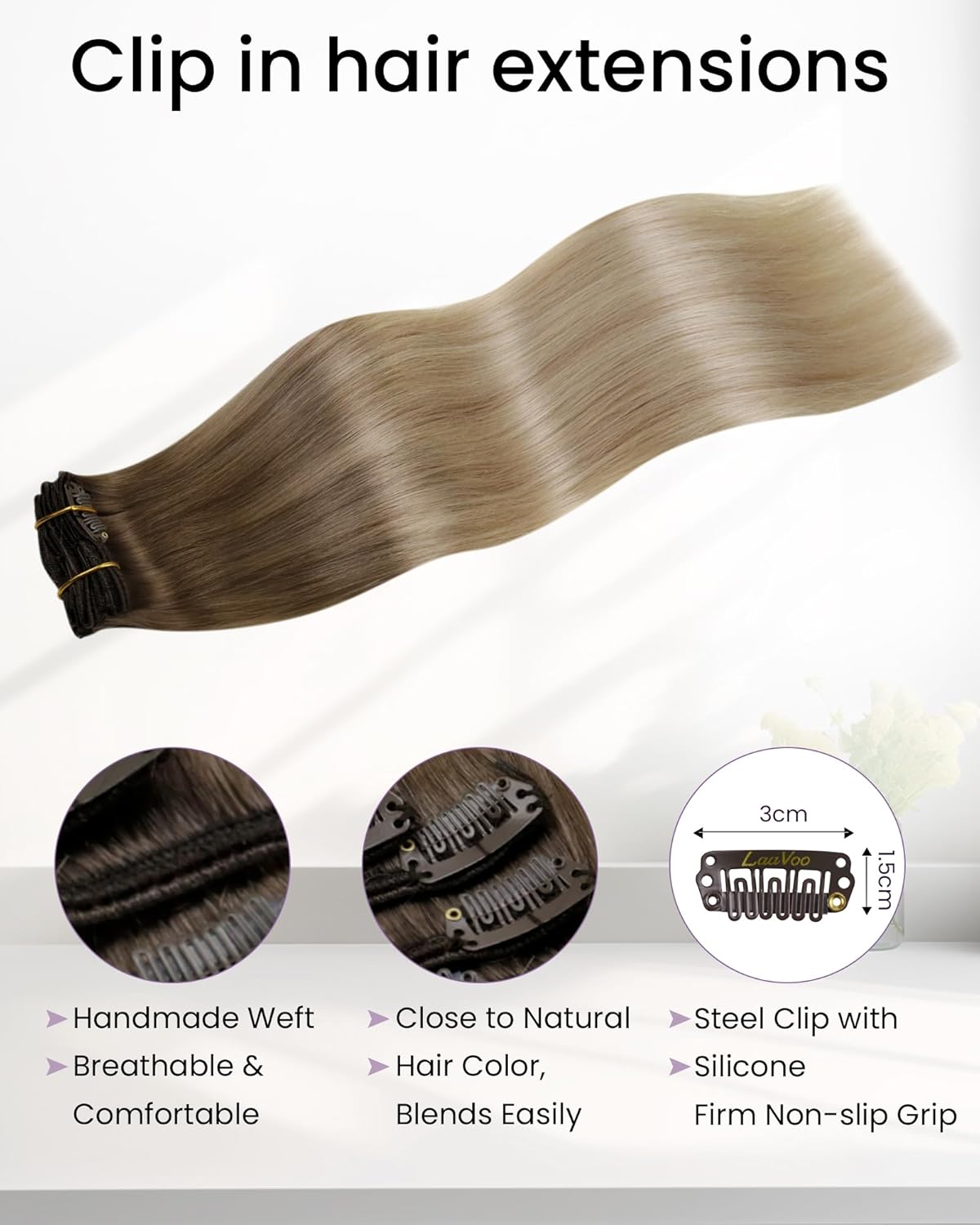 Alternative view of LaaVoo Clip in Hair Extensions Real Human Hair Blonde Ombre Human Hair Clip in Extensions Light Brown to Platinum Blonde Hair Extension Clip ins Silky Straight 18 Inch 5pcs/80g