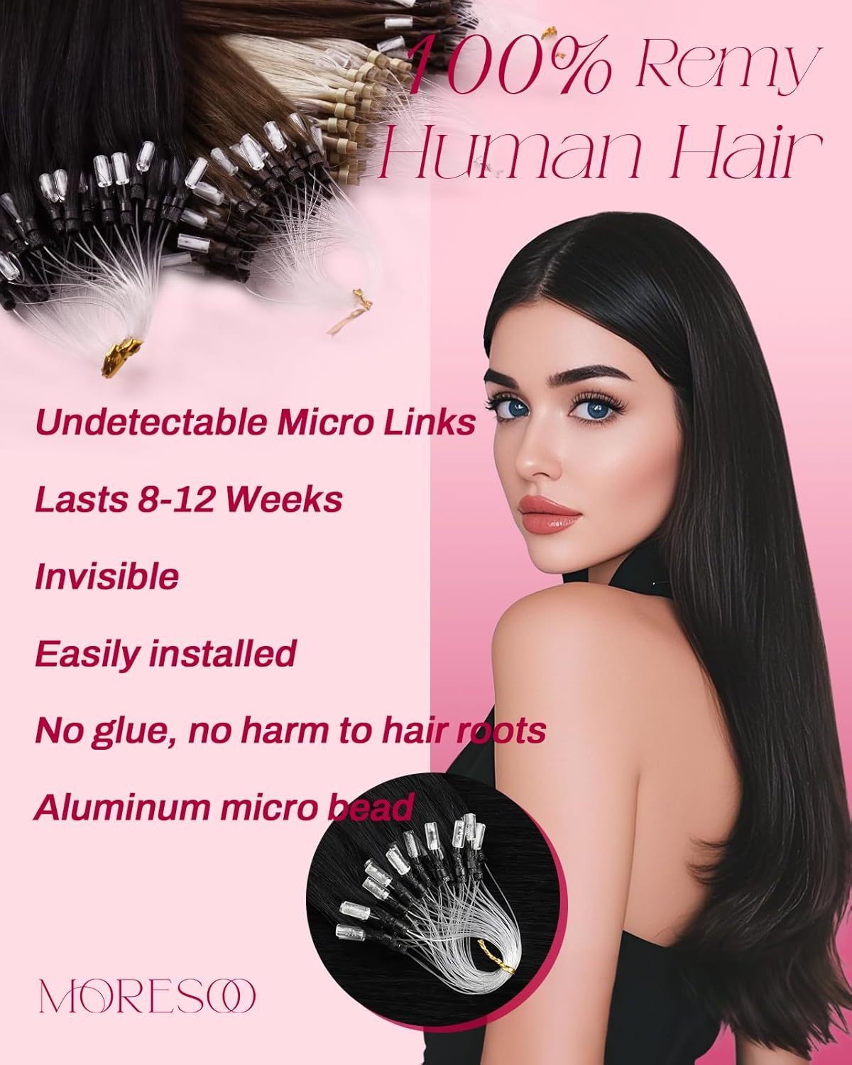 Moresoo Microlink Hair Extensions Human Hair Jet Black Micro Bead Hair Extensions Real Human Hair 24 inch Black Micro Link Extensions for Women 57g Easy to Install