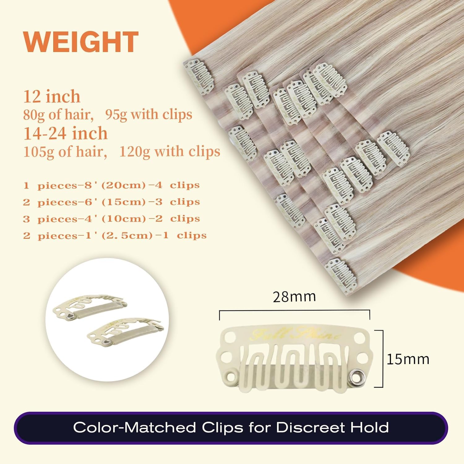 Alternative view of Full Shine Hair Extensions Real Human Hair Clip ins Blonde Hair Extensions Highlight Seamless Clip in Human Hair Extension PU Skin Weft Add Volume 18 Inch 8 PCS 120 G