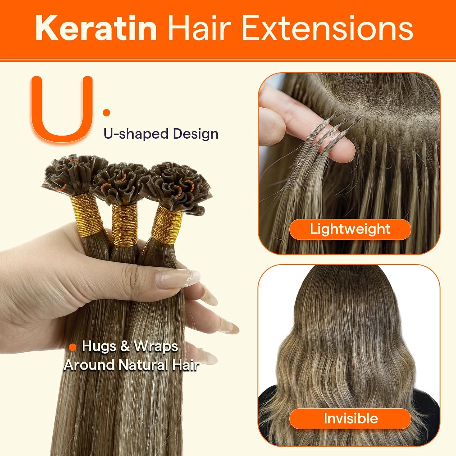 Alternative view of Full Shine U Tip Hair Extensions Real Human Hair 18 Inch Ktip Human Hair Extensions Balayage Color 3 Fading to 8 Ash Brown and 22 Blonde Fusion Extensions 50 Grams Pre Bonded Remy Hair for Wedding
