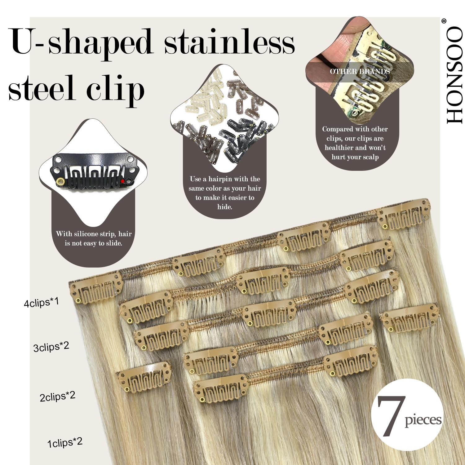 Alternative view of Honsoo Blonde Hair Extensions Clip In Balayage Hair Extensions Real Human Hair Mixed Bleach Blonde 15inch 70g 7pcs Straight Silky Blonde For Women Natural Hair