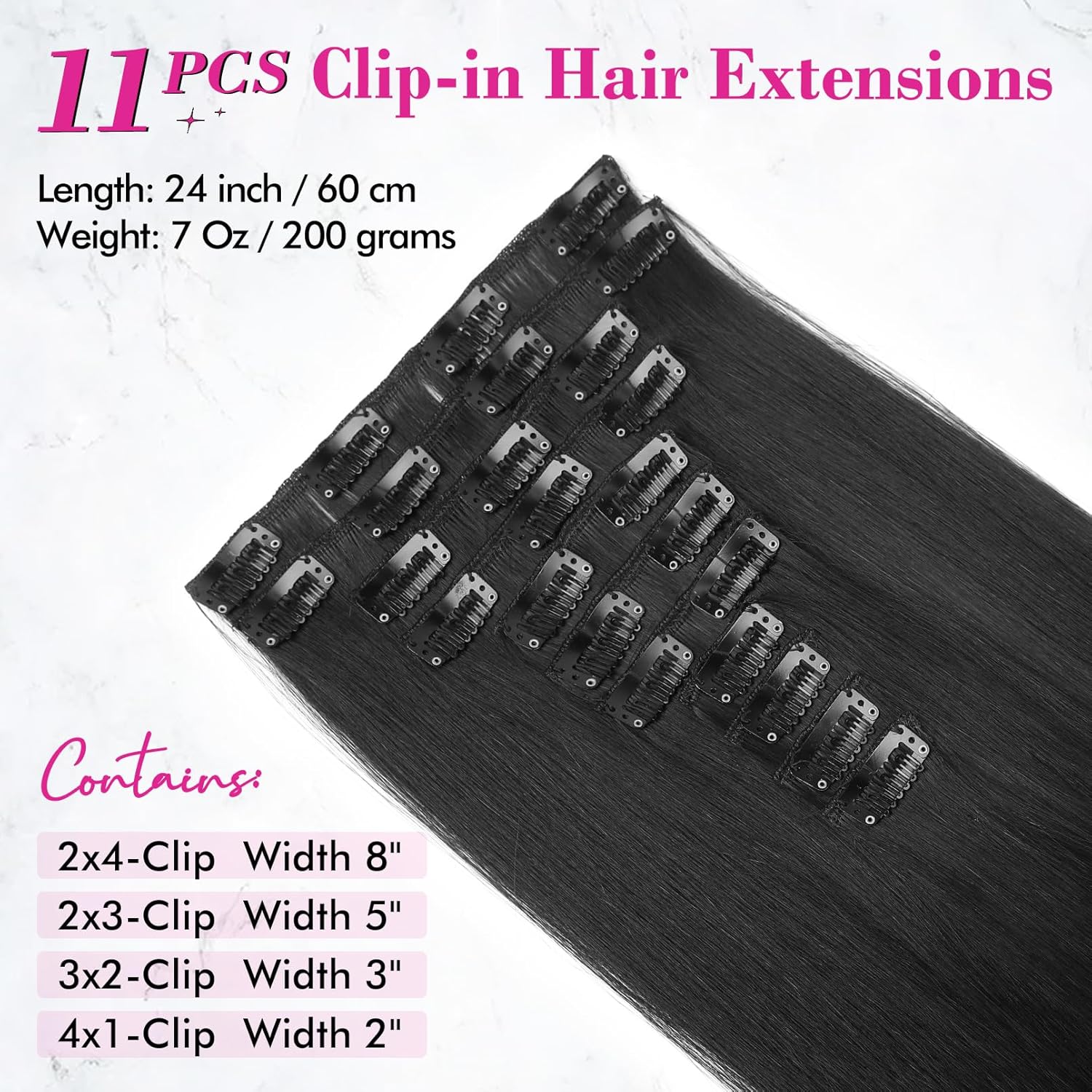 REECHO Hair Extensions, 11PCS Clip in Hair Extensions 24" Long Straight hair extensions HE005 Natural Soft Synthetic Hairpieces for Women u2013 Black