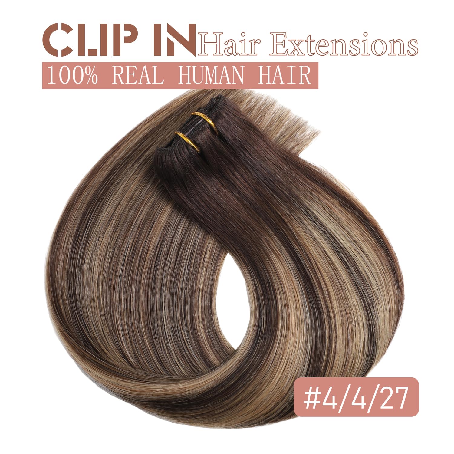 Hair Extensions Real Human Hair Clip in Hair Extensions Remy Human Hair Clip ins Balayage Chocolate Brown to Caramel Blonde Straight Real Hair Extension for Women 18 Inch 80g/5pcs Soft Silky